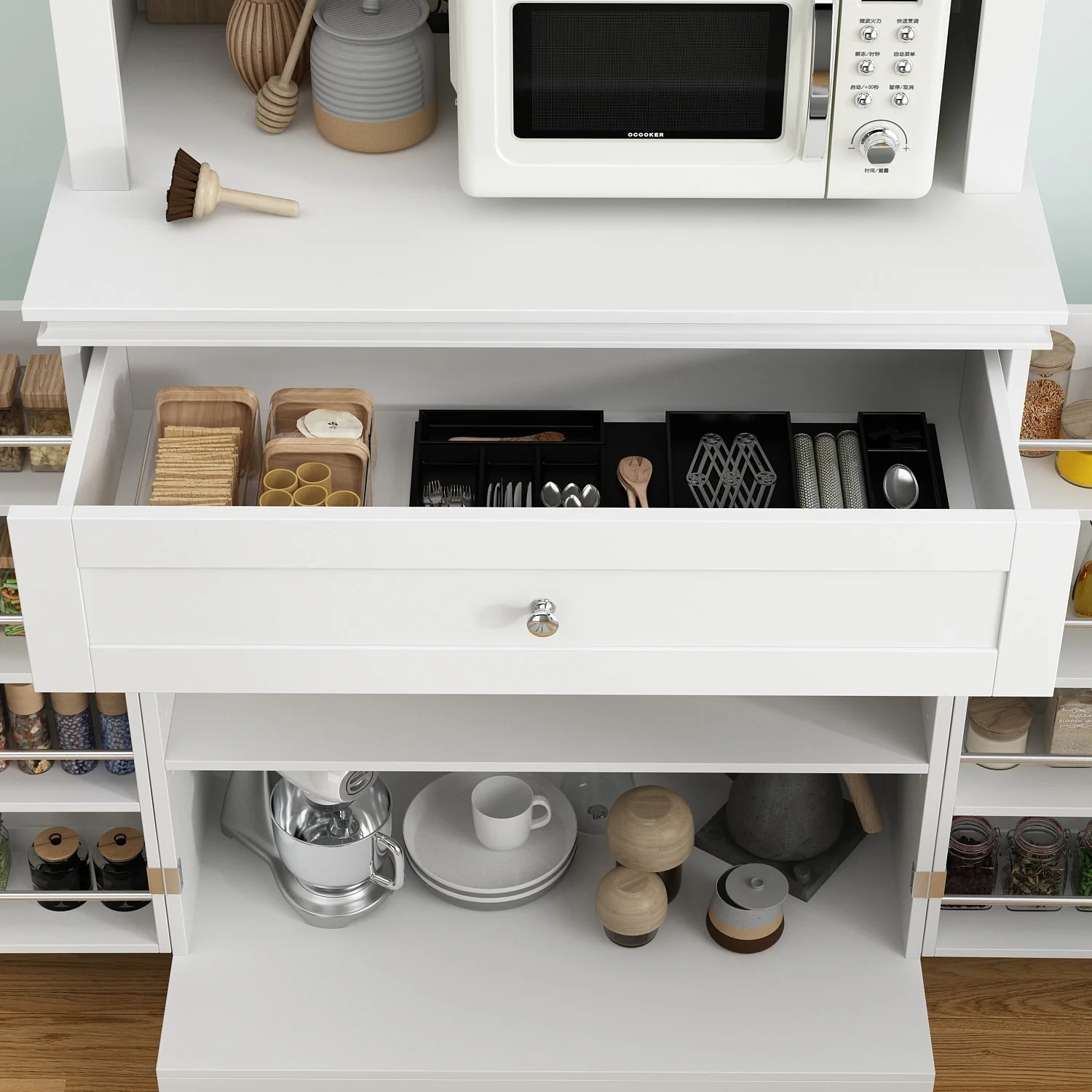 Long Standing Kitchen Cabinet with Large Open Space for Microwave - 30