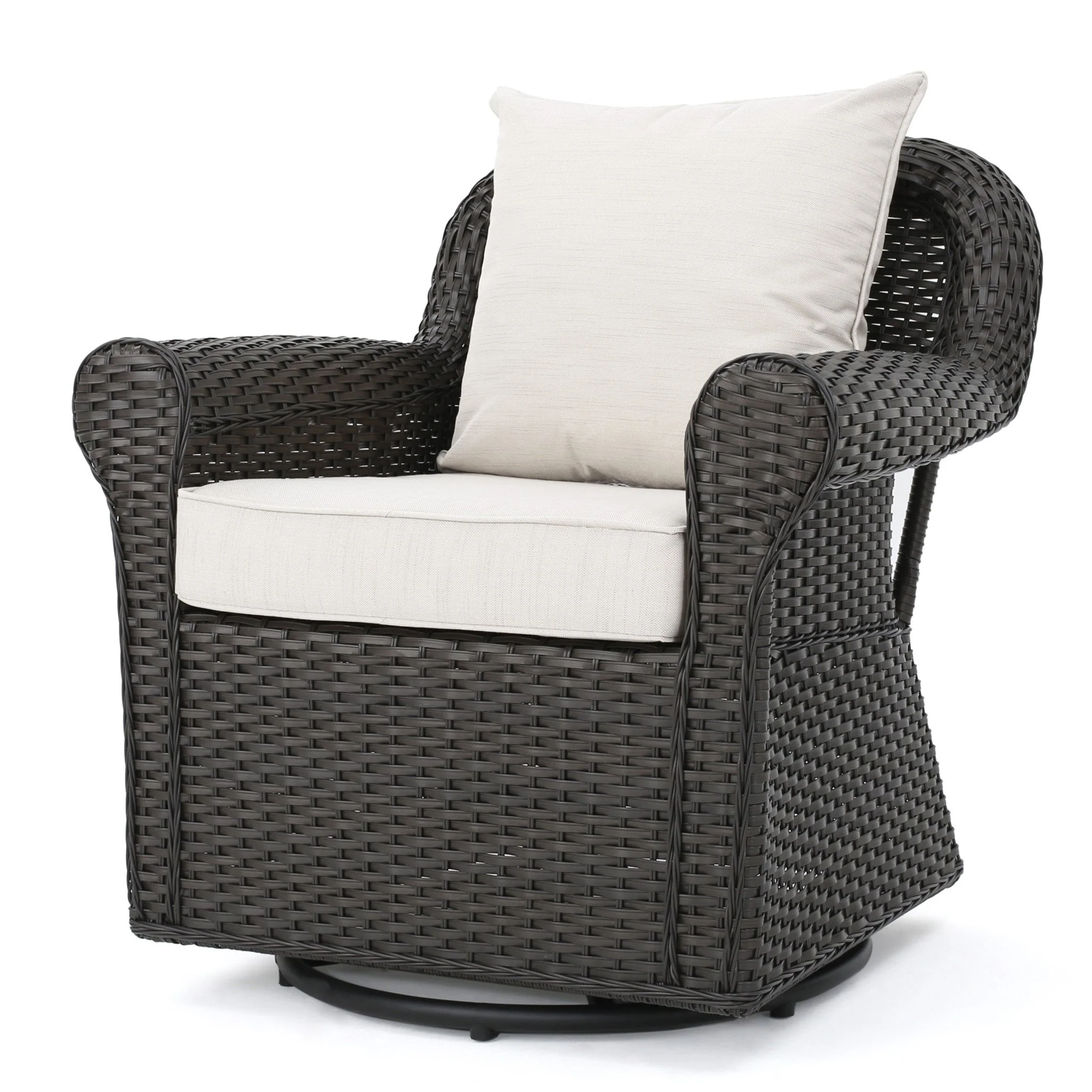 Outdoor Rattan Swivel Chair with Rolled Arm and Water-Resistant Cushions