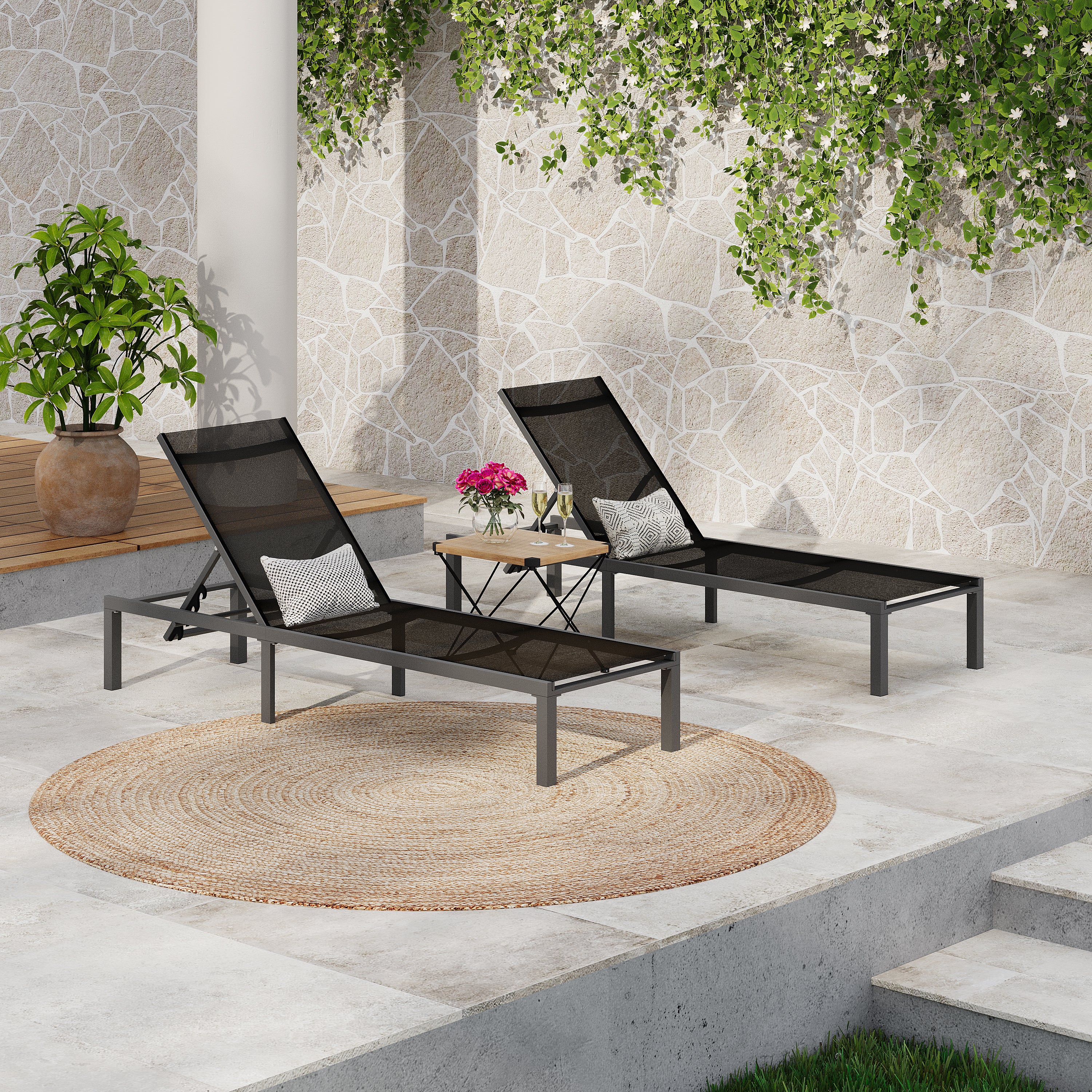 Outdoor Chaise Lounge with Aluminum Frame and Adjustable Backrest, Set of 2