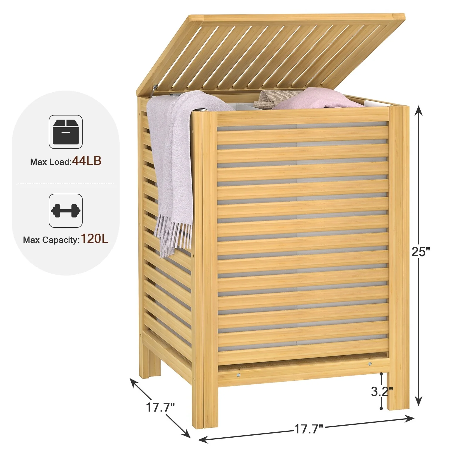Bamboo 2-Section Laundry Hamper, 120L Large Laundry Basket with Lid and Removable Liner Bag