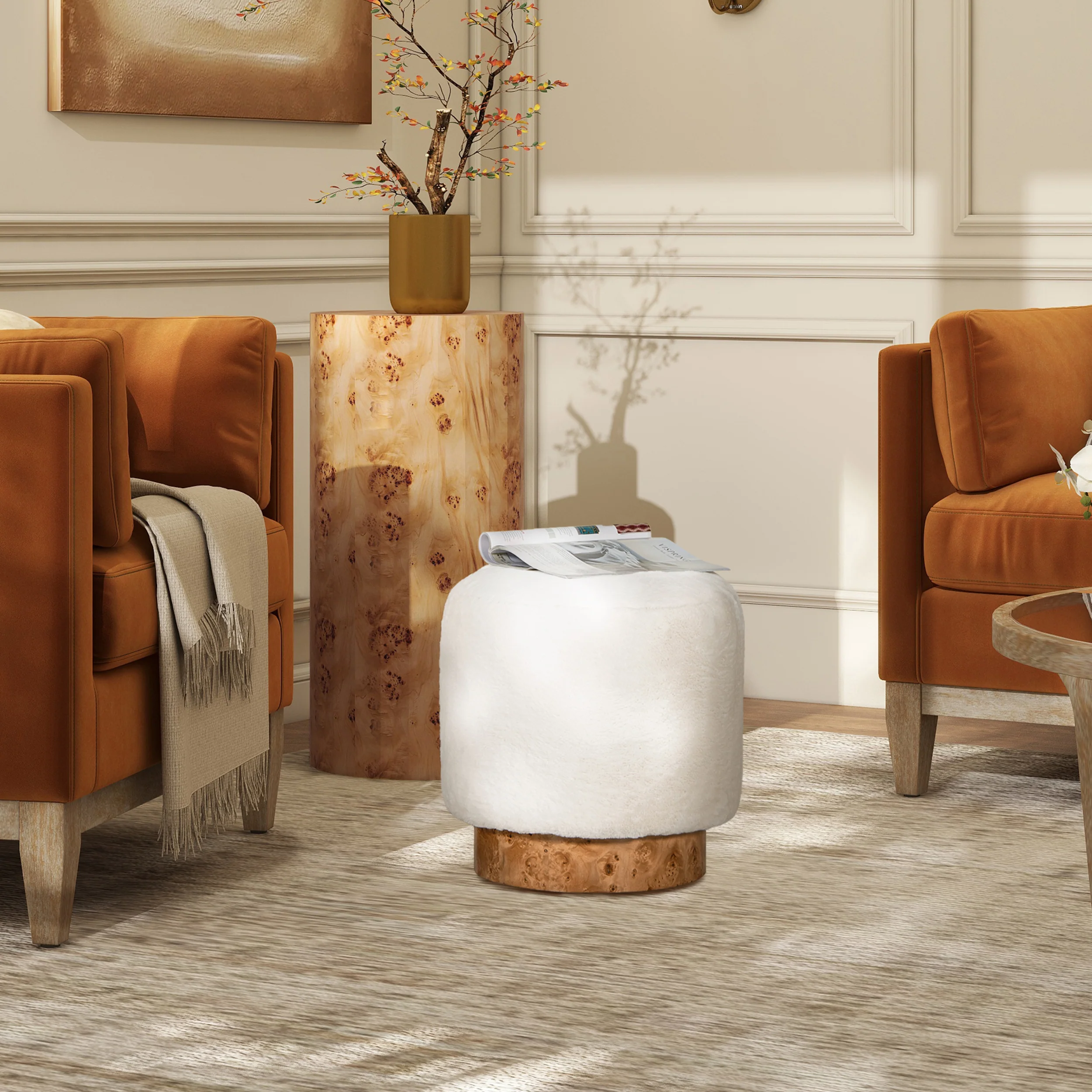 Upholstered Round Ottoman with Burl Wood Veneer Base