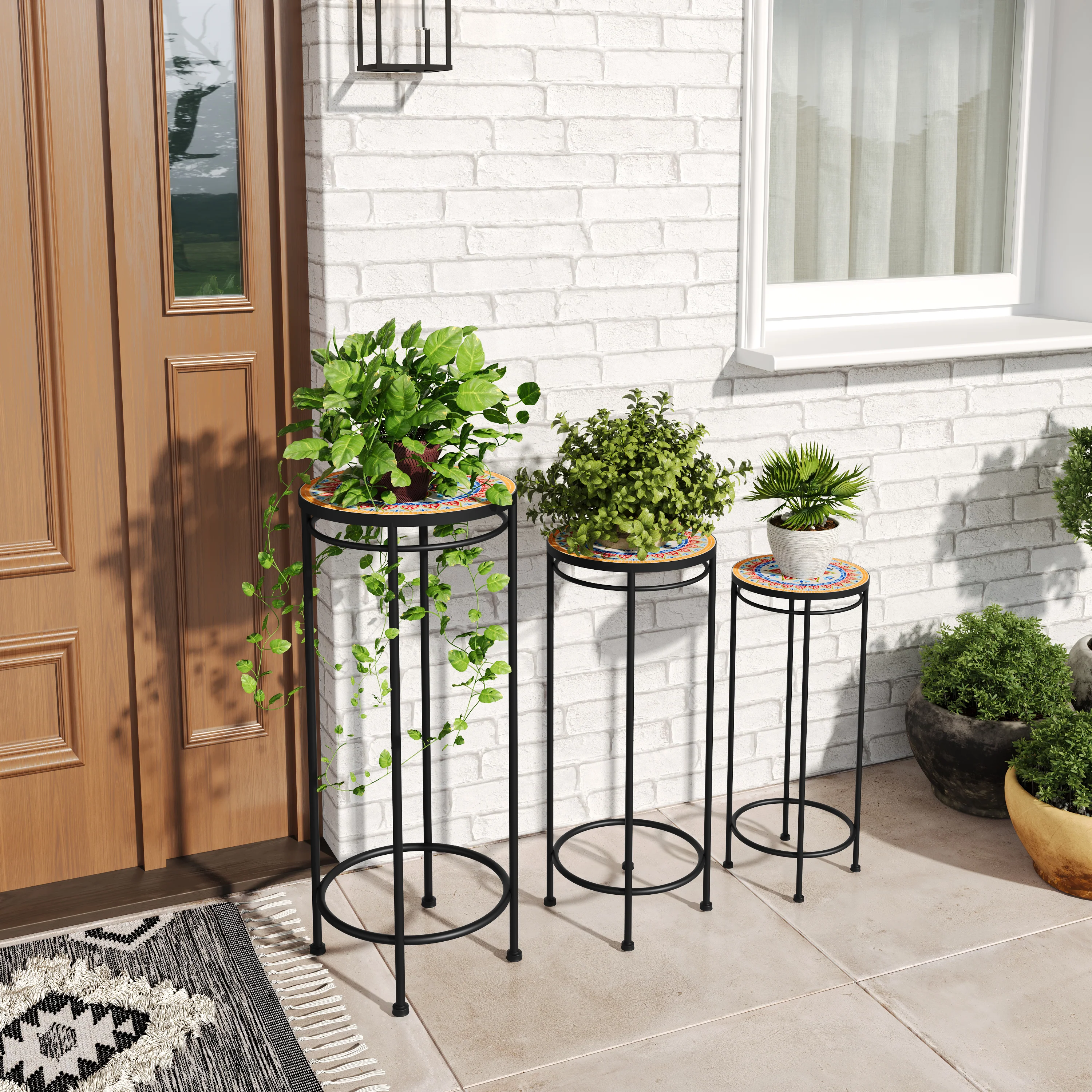 3-Piece Outdoor Ceramic Tile Plant Stand Set with Iron Frame