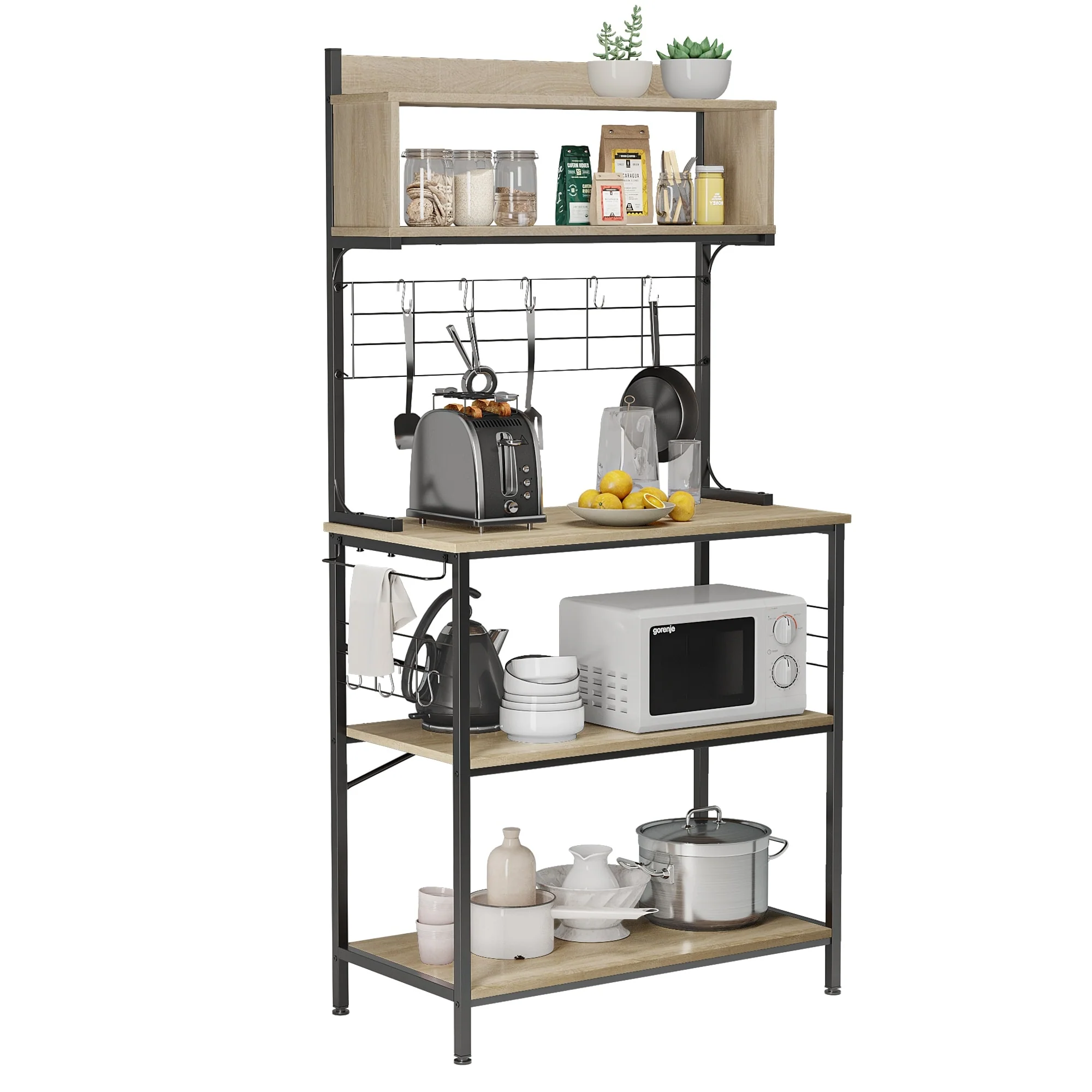 63 Inch Kitchen Baker's Rack with Hutch 8 Side Hooks