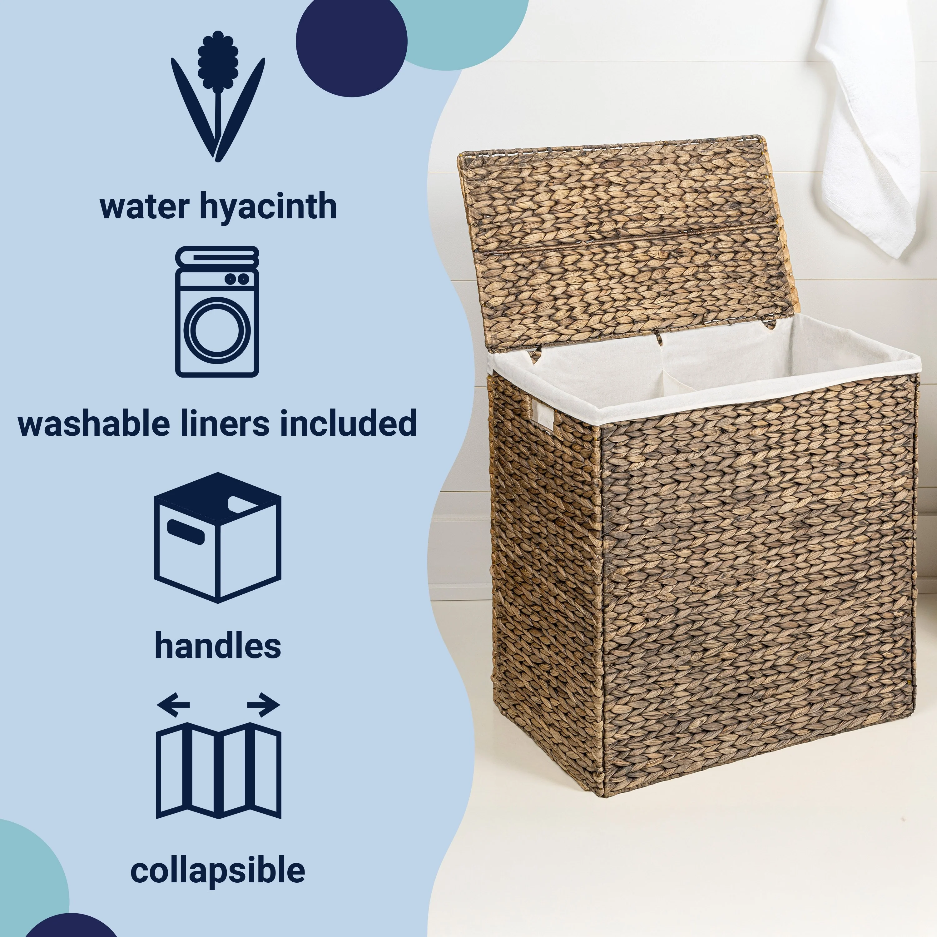 Handwoven 2-Section Collapsible Laundry Hamper, Washable Liner
