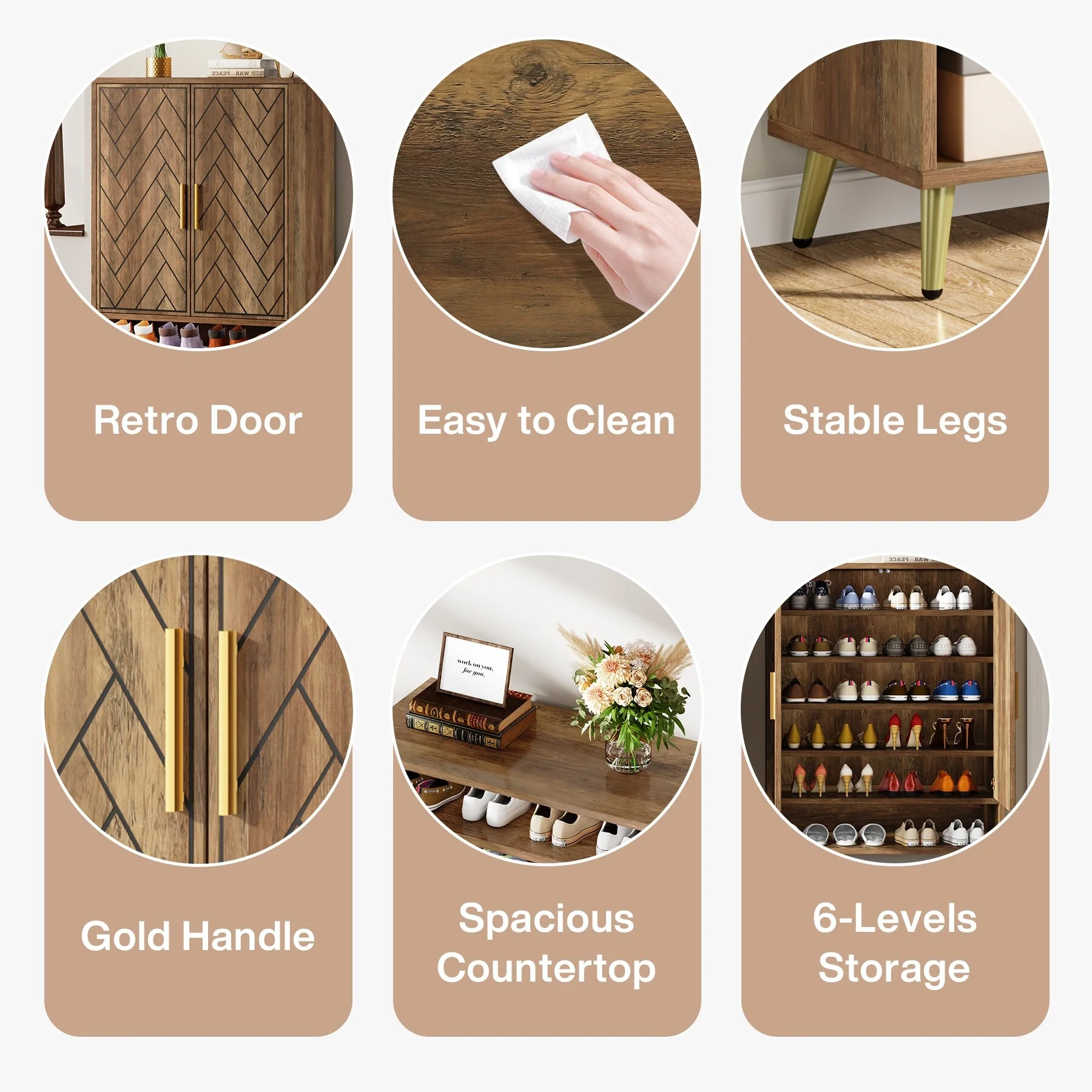 Walnut Shoe Cabinet, 6-Tier Wooden Shoe Organizer with Stable Leg