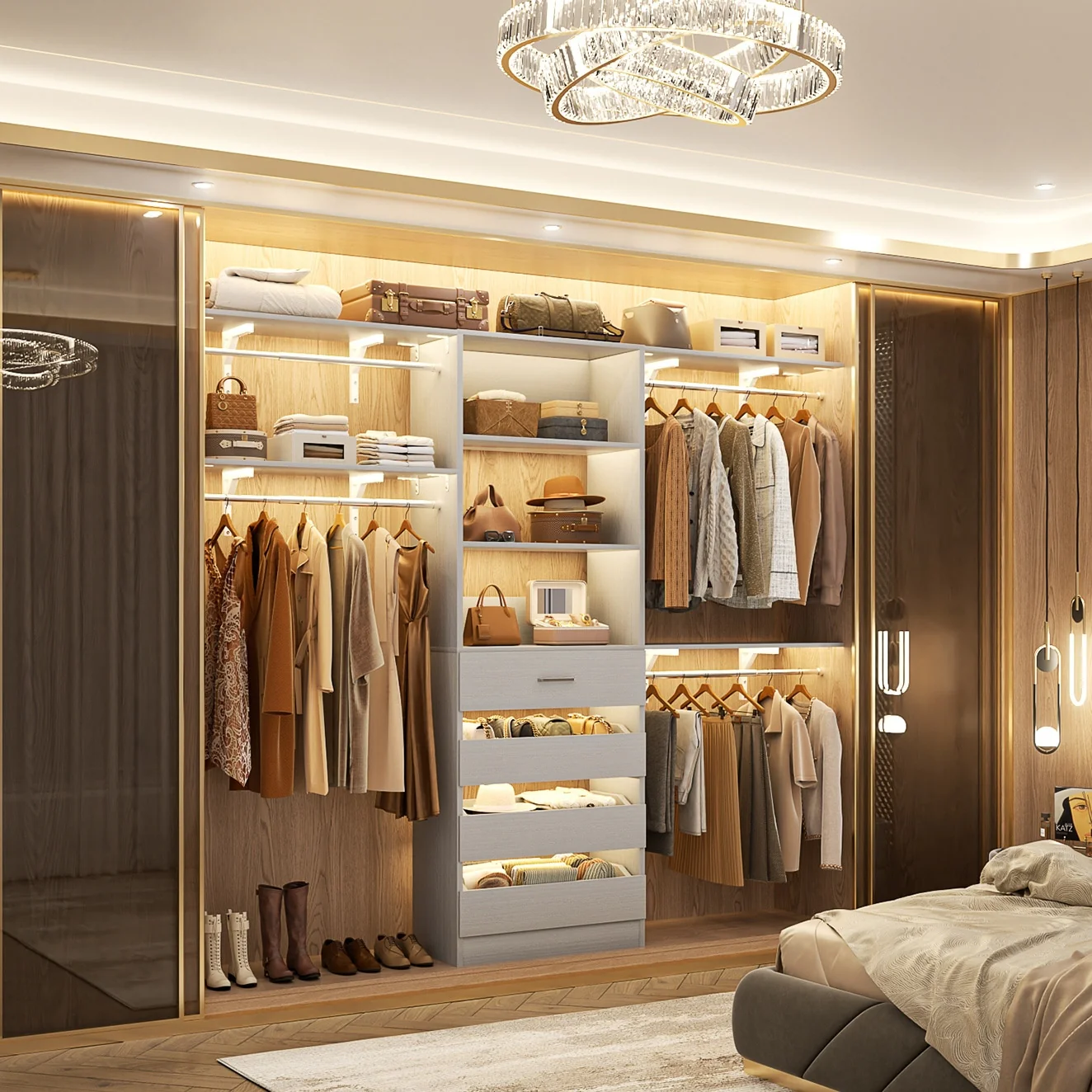 Rackcog 96'' Closet System with 4 Drawers and 4 Hanging Rods, 8FT Wood Closet Organizer for Walk-in Closet