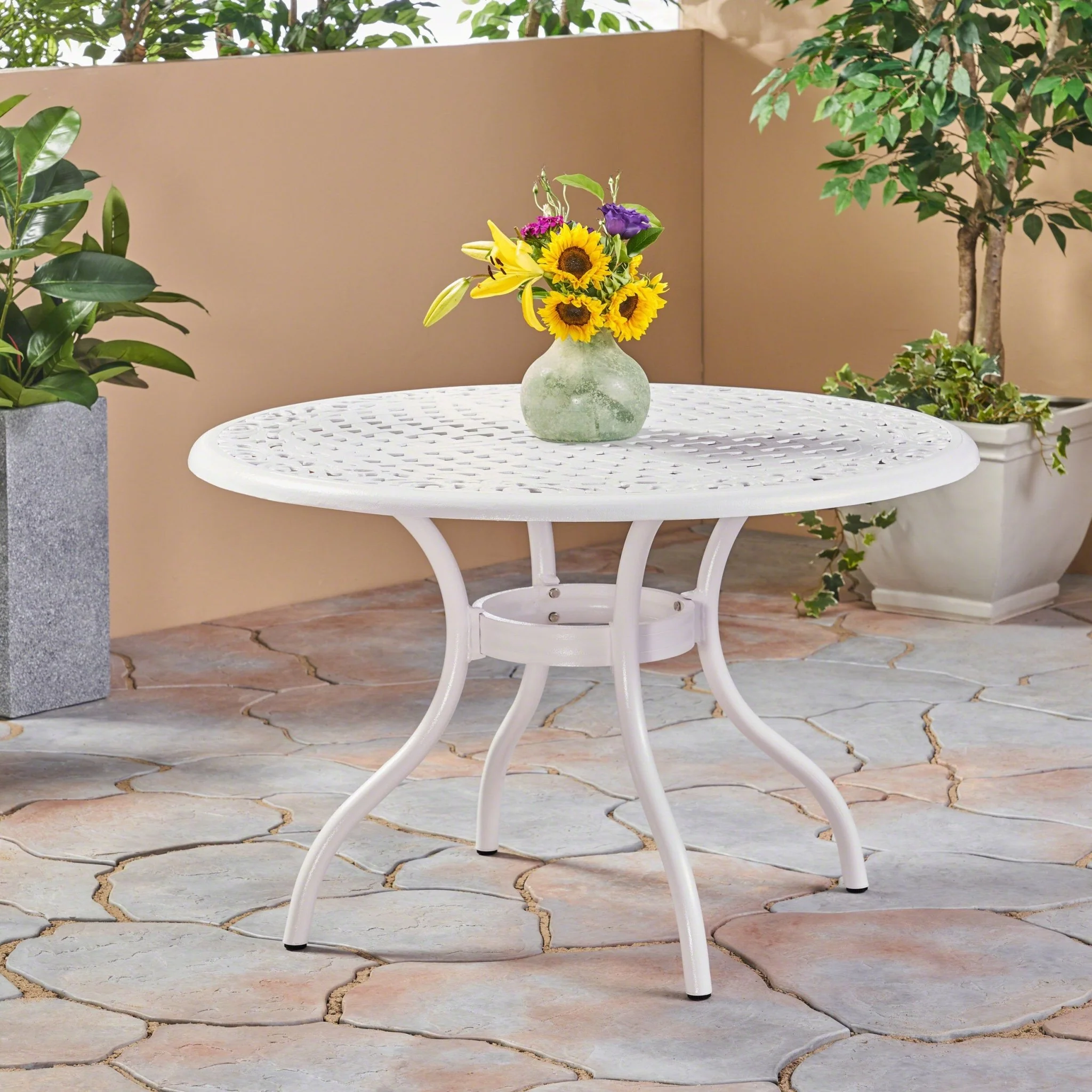 Tranquilius Outdoor Round Dining Table with Lattice Tabletop, Umbrella Hole and Curved Legs