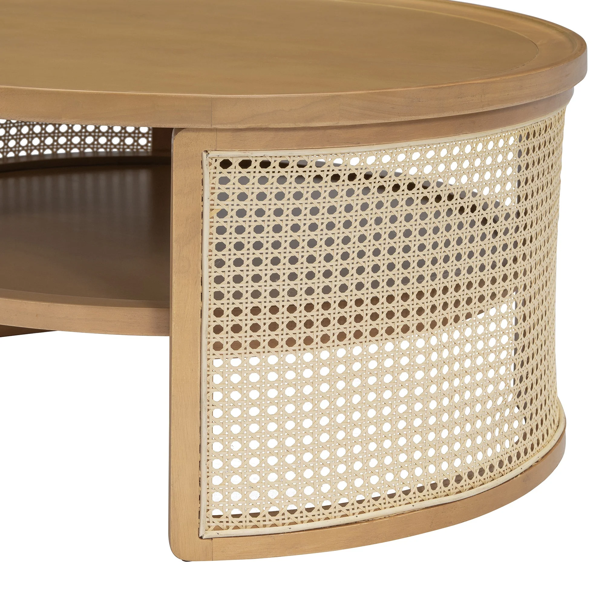 Wintered 2-Tiered Coffee Table with Rattan Base and Curved Edge Design