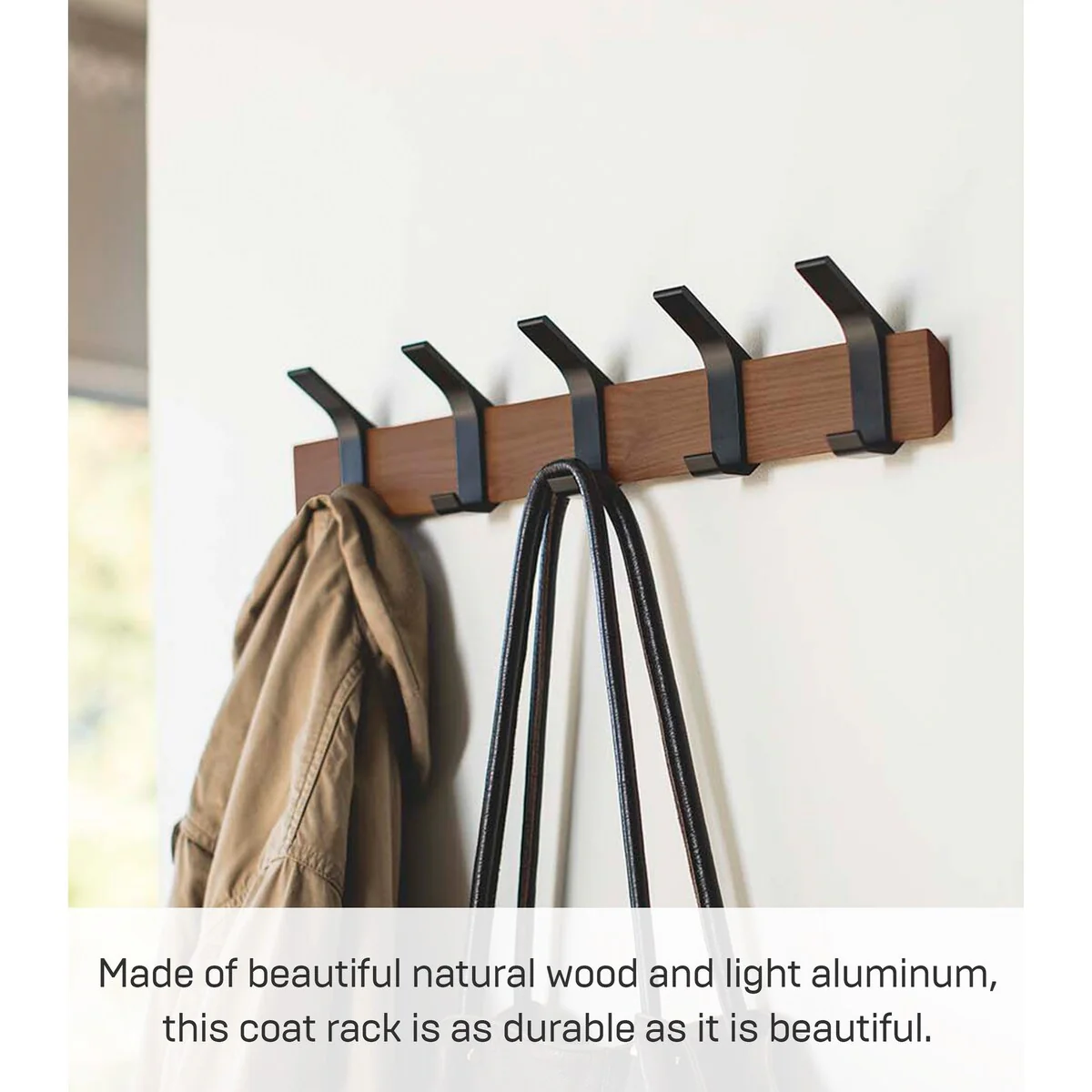 Yamazaki Home Wall-Mounted Coat Rack, Steel and Wood - L 2.56 x W 19.69 x H 3.94 inches
