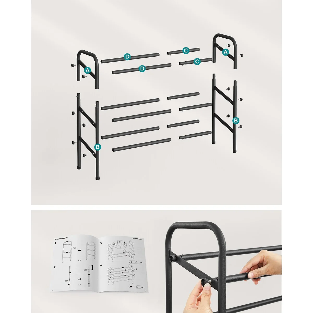 SONGMICS 3-Tier Shoe Rack, 20 Pairs Metal Shoe Organizer