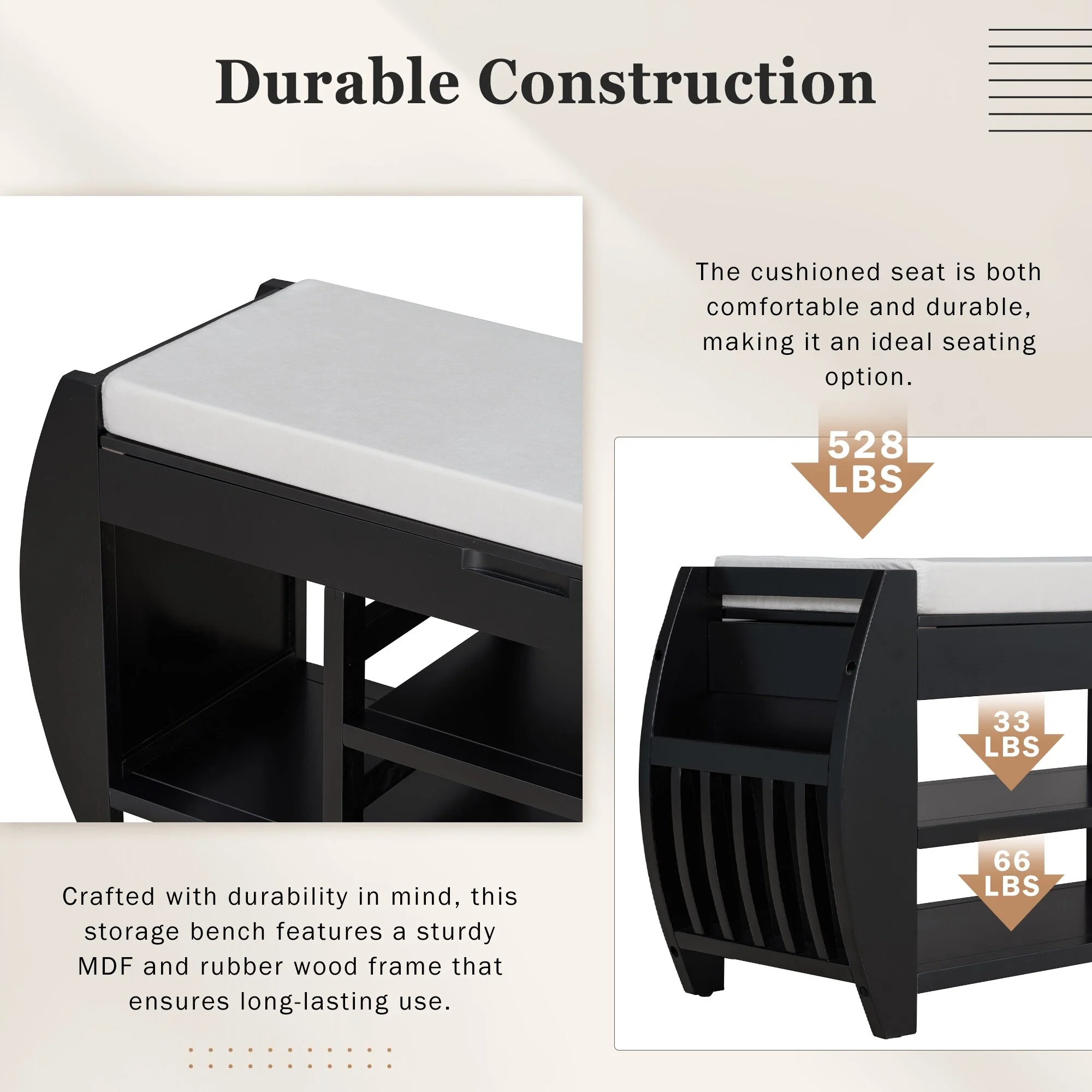 Multifunctional Storage Bench with Cushion and Curved Side Panel for Entrance and Living Room