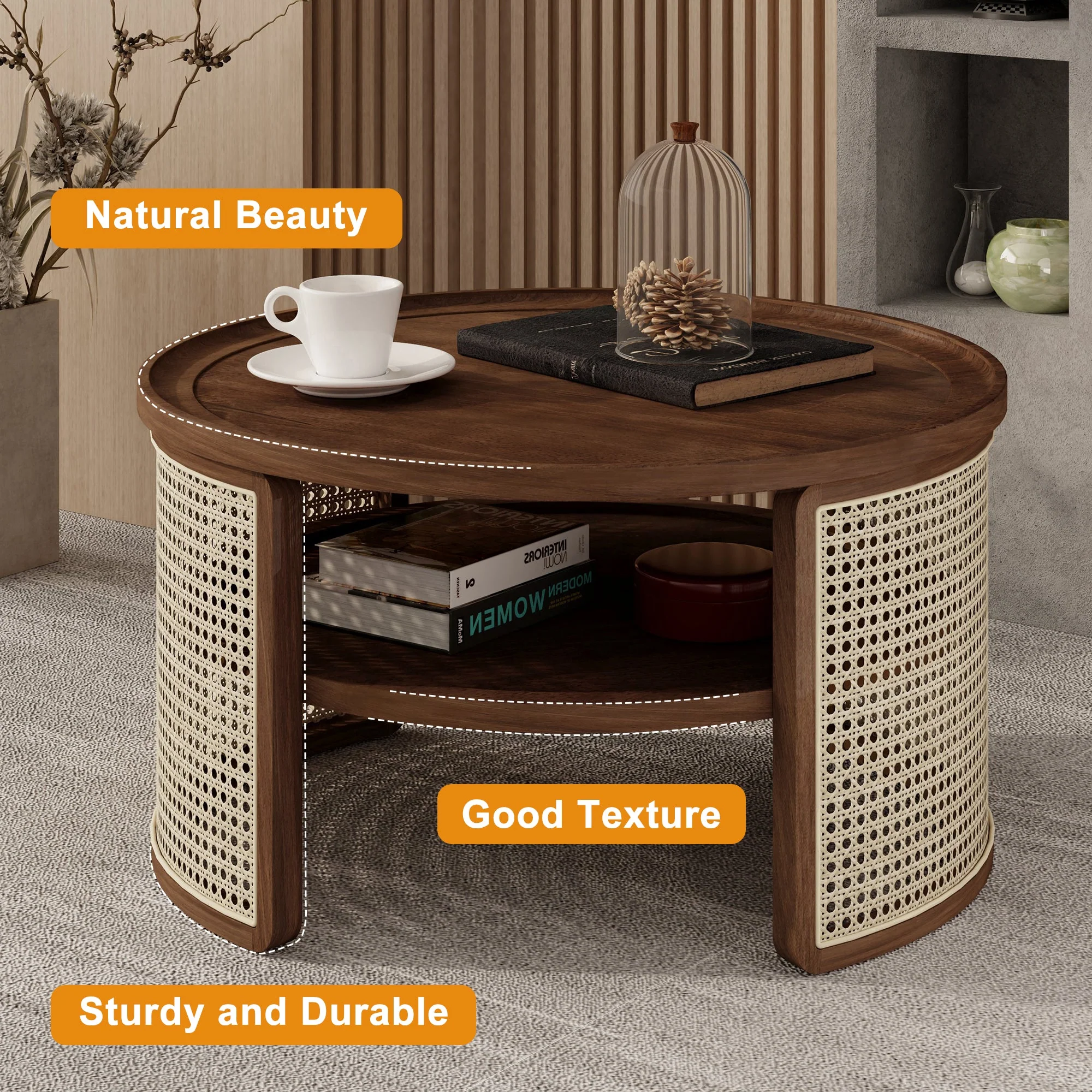 Wintered 2-Tiered Coffee Table with Rattan Base and Curved Edge Design