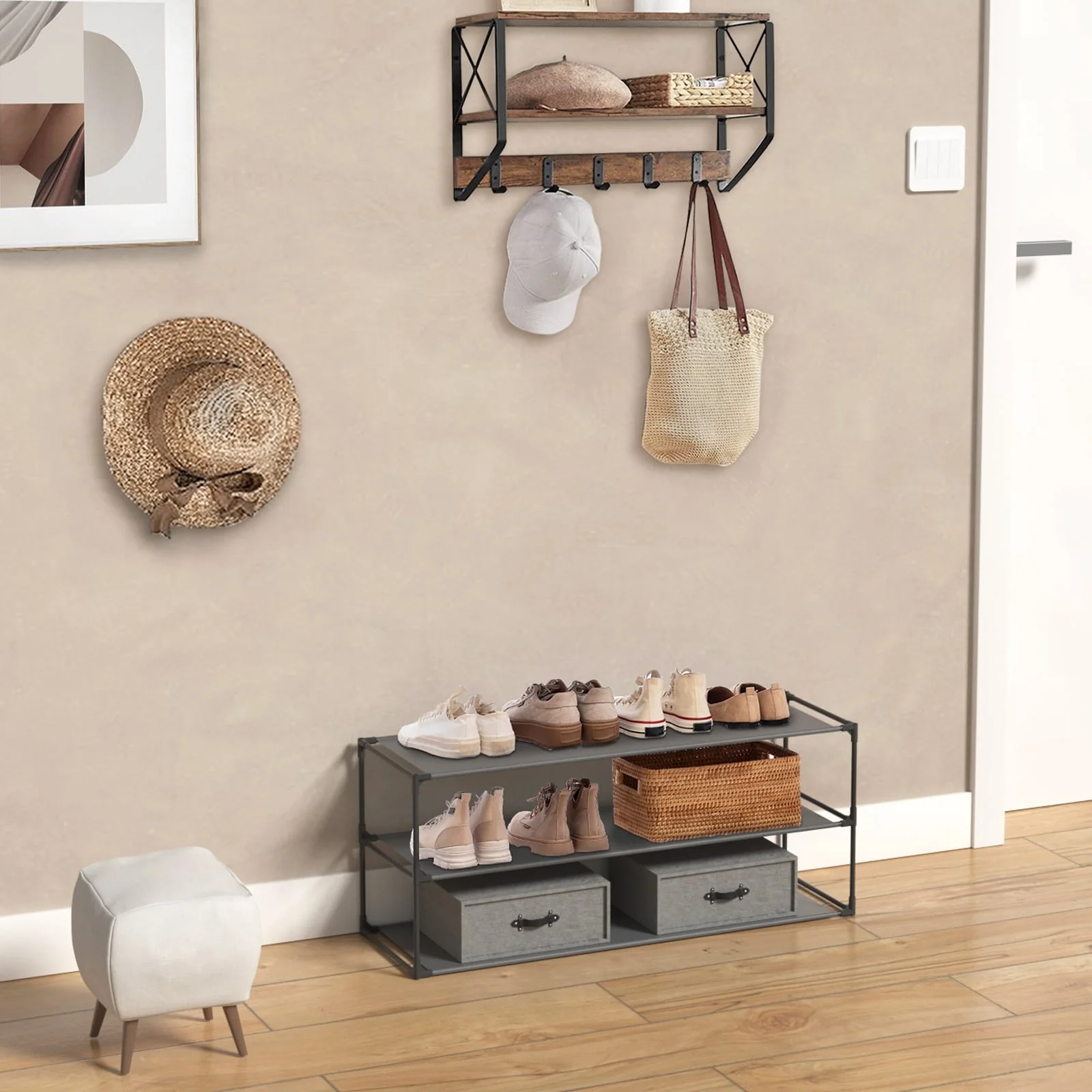 Shoe Rack Detachable Non-Woven Waterproof Fabric Shoe Organizer Tower Black Set of 2