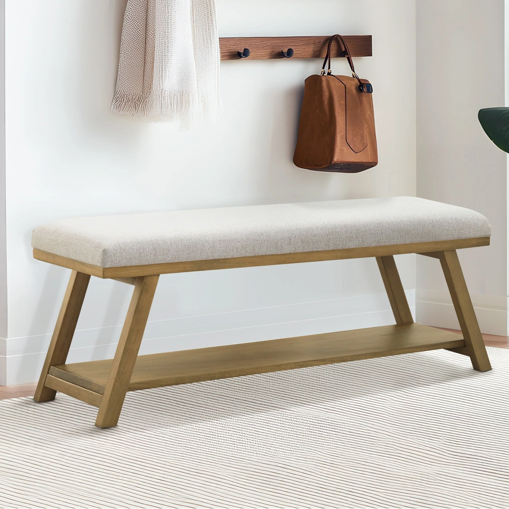 Solid Wood Shoe Bench with Cushion Entryway Shoe Bench