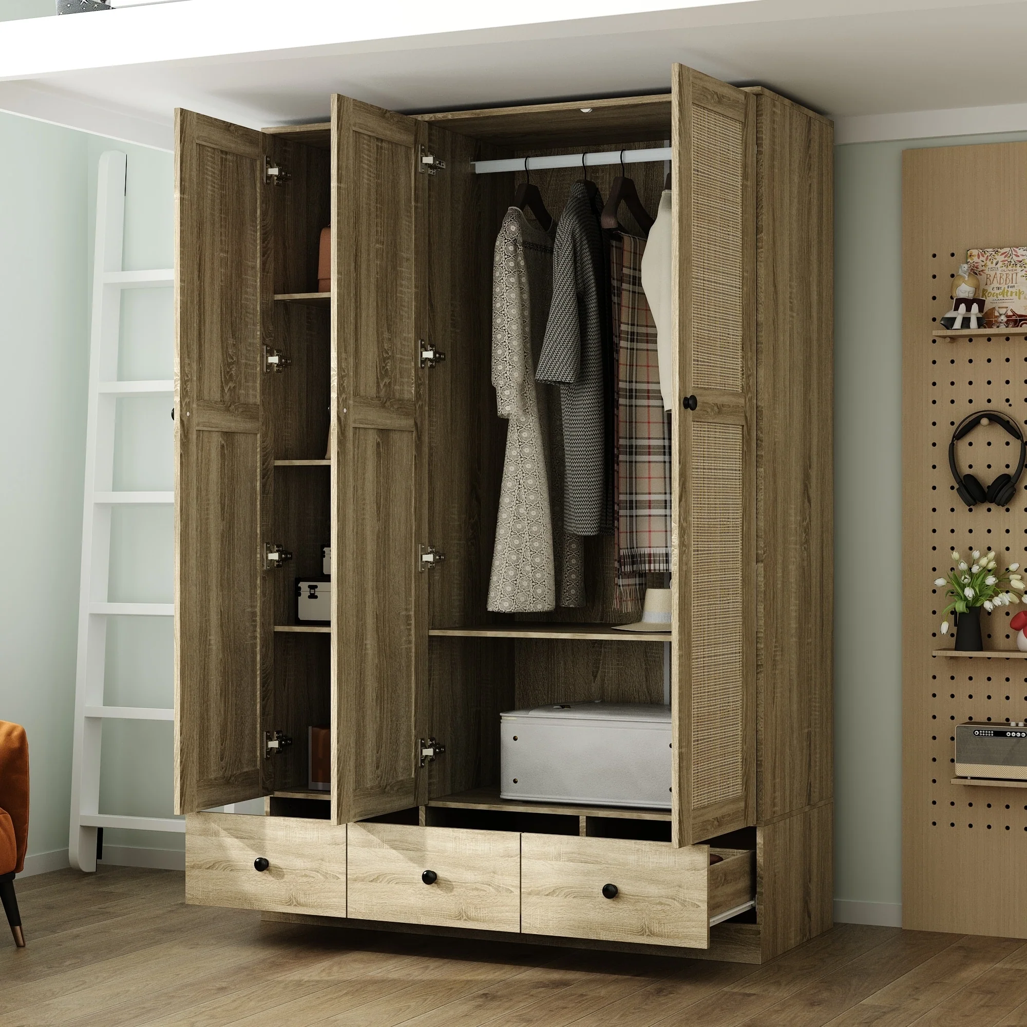 Large Storage Wardrobe Versatile Rattan Door Closet with Deep Drawers