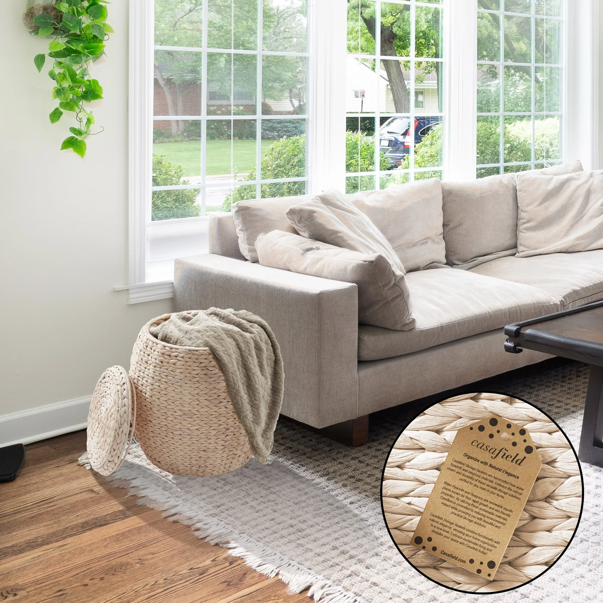 Round Water Hyacinth Storage BasketHamper with Lid