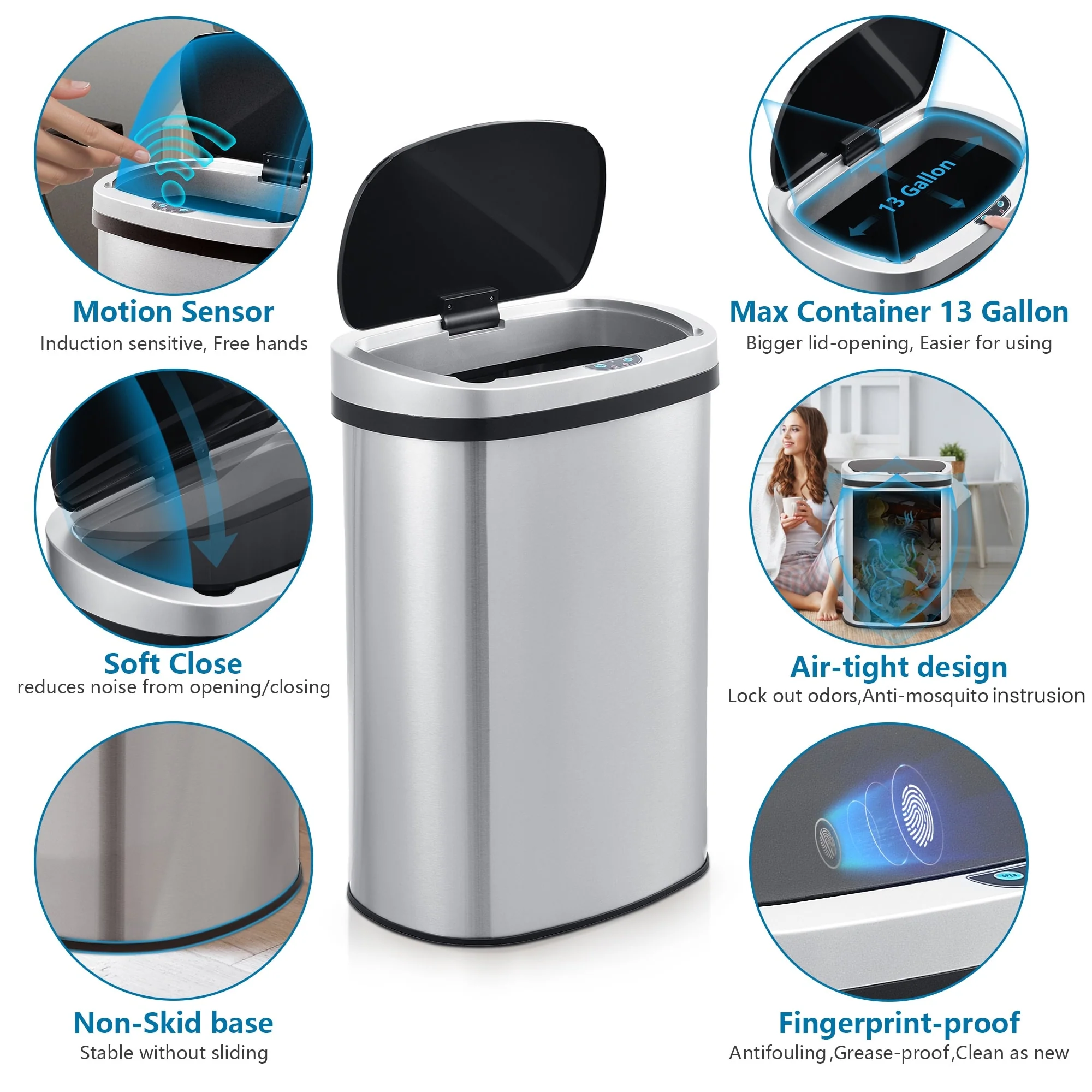 Innovaze 13 Gal./50 Liter Stainless Steel Oval Motion Sensor Trash Can for Kitchen