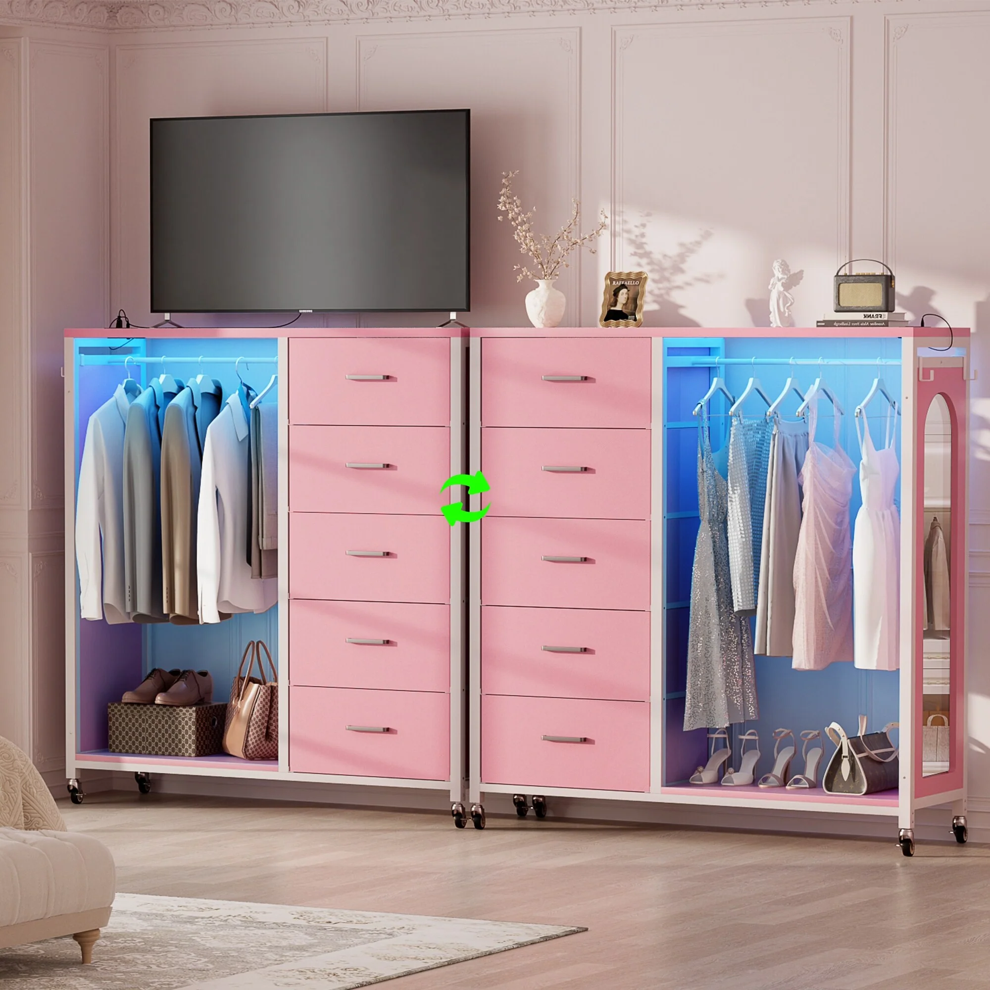 Kid's Closet Organizer with Fabric Drawers and Mirror, Rolling Dresser and Chest with Charge Station