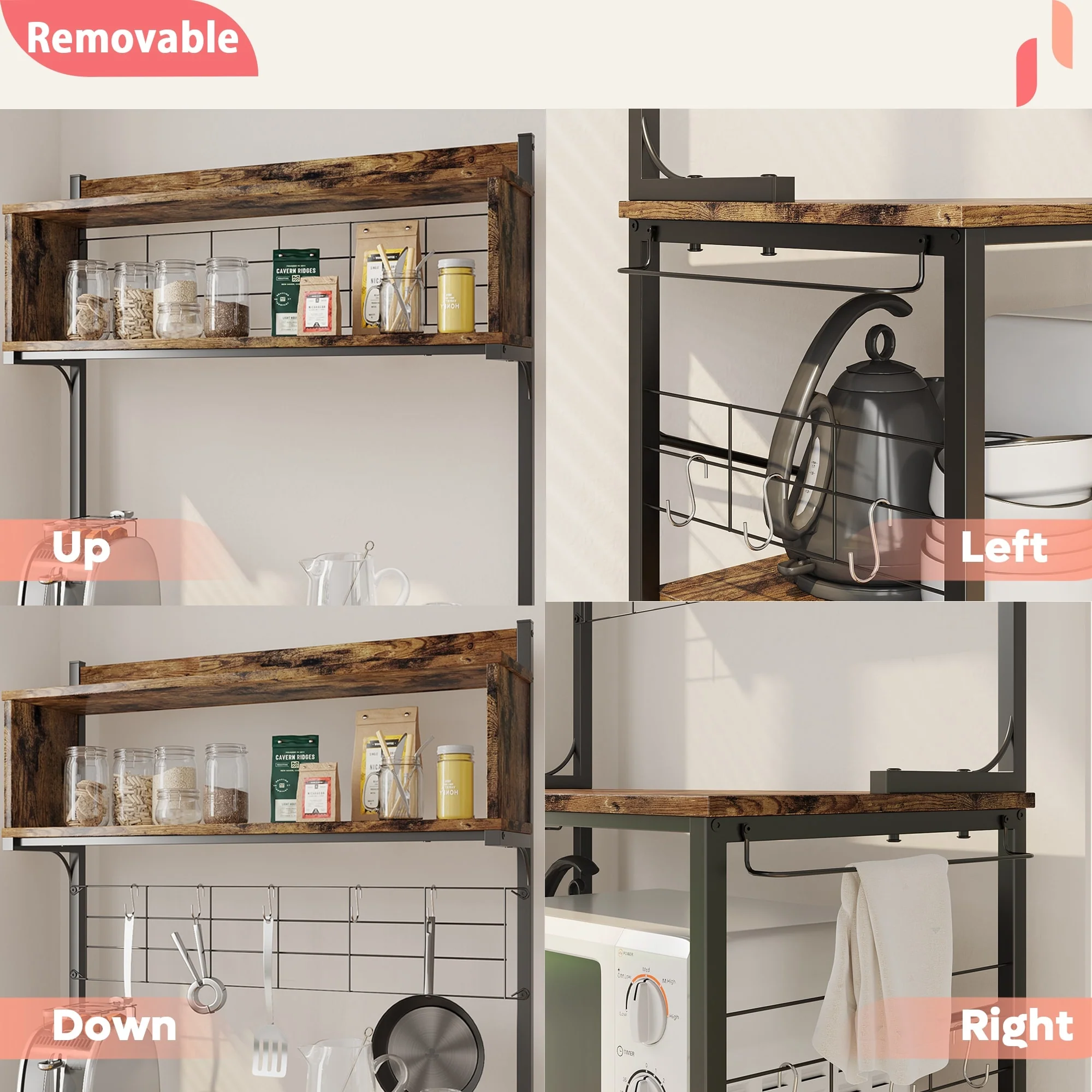 63 Inch Kitchen Baker's Rack with Hutch 8 Side Hooks