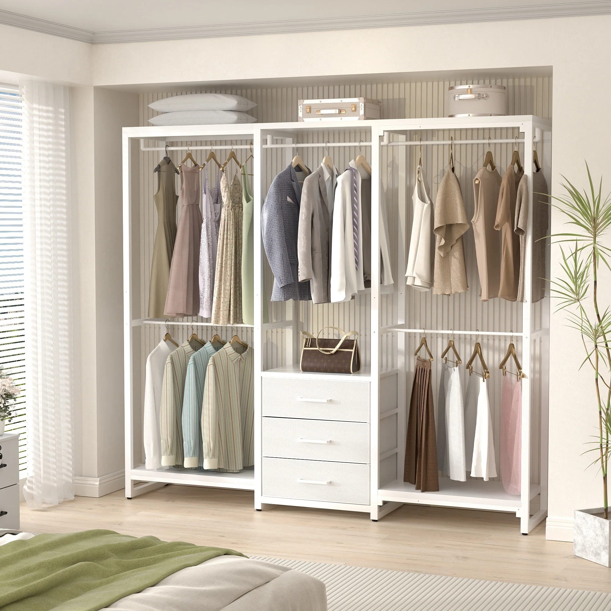 65.6'' Heavy-duty Garment Rack, Freestanding Closet Organizer with Fabric Drawers and 5 hanging Rods