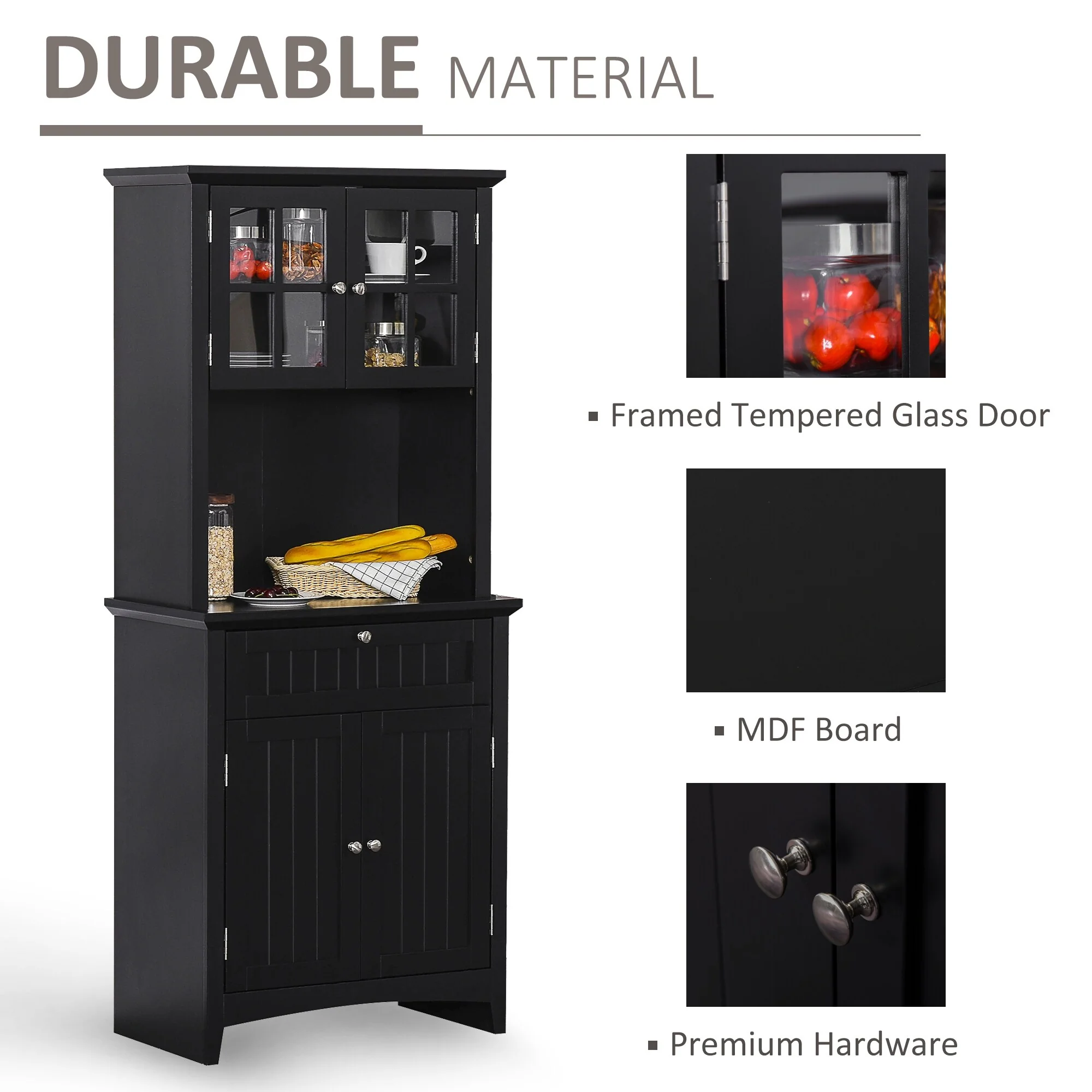 HOMCOM Kitchen Buffet Hutch Wooden Storage Cupboard with Framed Glass Door, Drawer and Microwave Space - 27