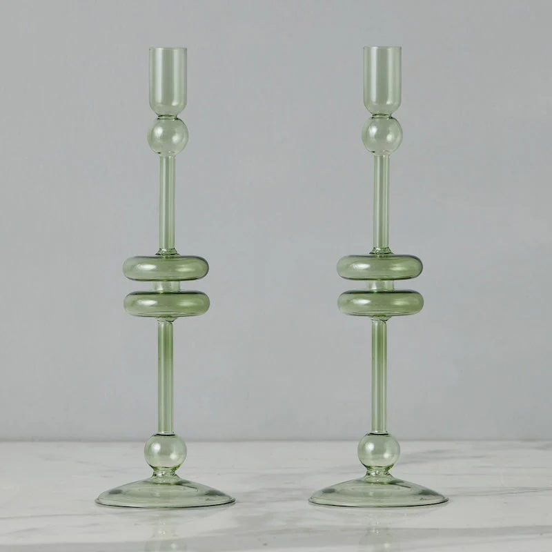 Sage Glass Candlestick, Pair