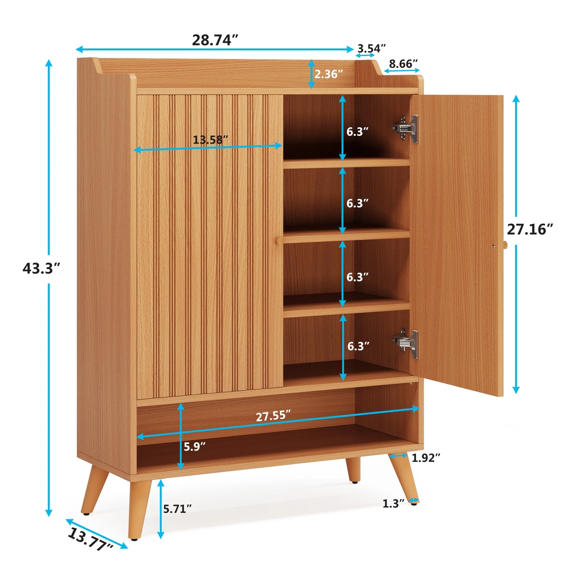 Entryway Slim Shoe Storage Cabinet with Adjustable Shelves and Open Shelf