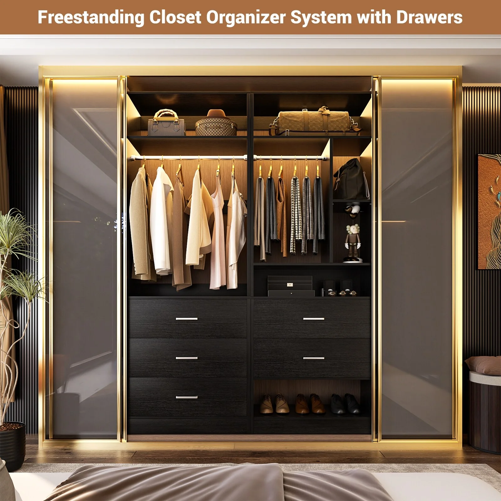 Kyrvo 48''W Set of 2 Freestanding Closet System with 5 Drawers ＆ 2 Hanging Rods,Reversible Wardrobe for Walk-in/Reach-in Closet
