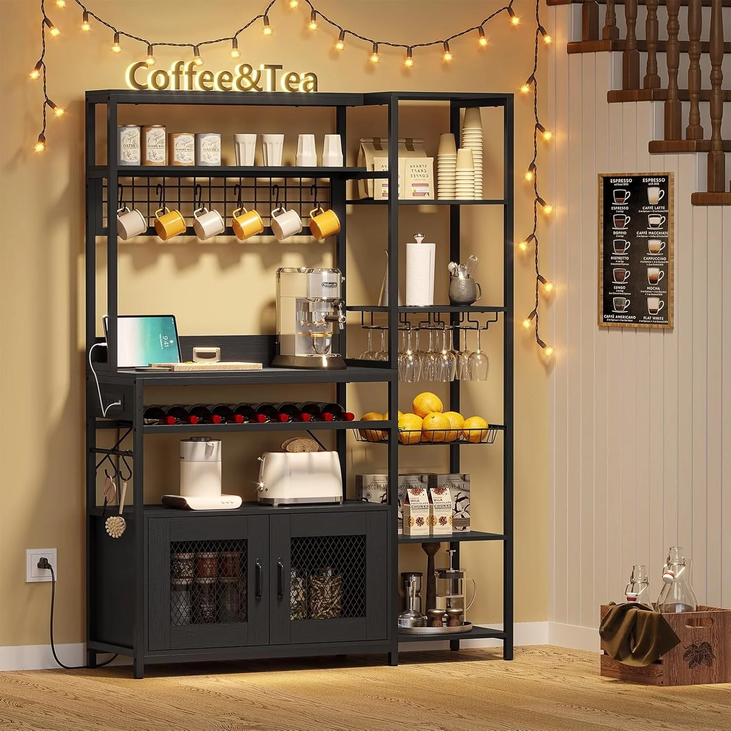 47.2 in Bakers Rack with Power Outlet Coffee Bar with Cabinet