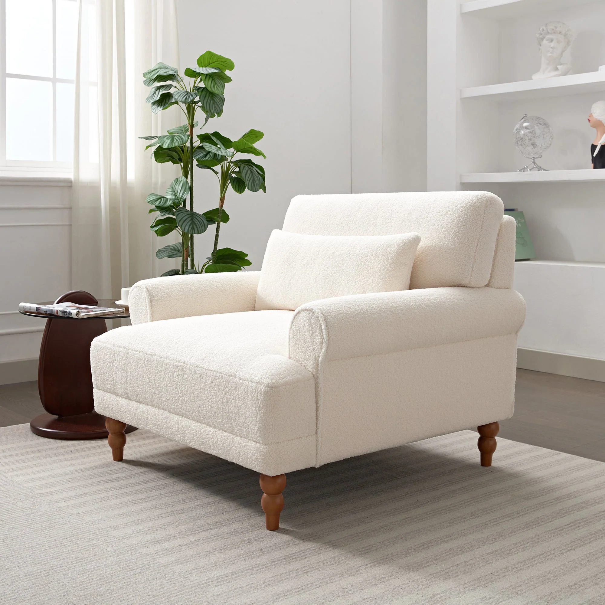 Upholstered Accent Chair with Circular Armrests and Roman Column Legs