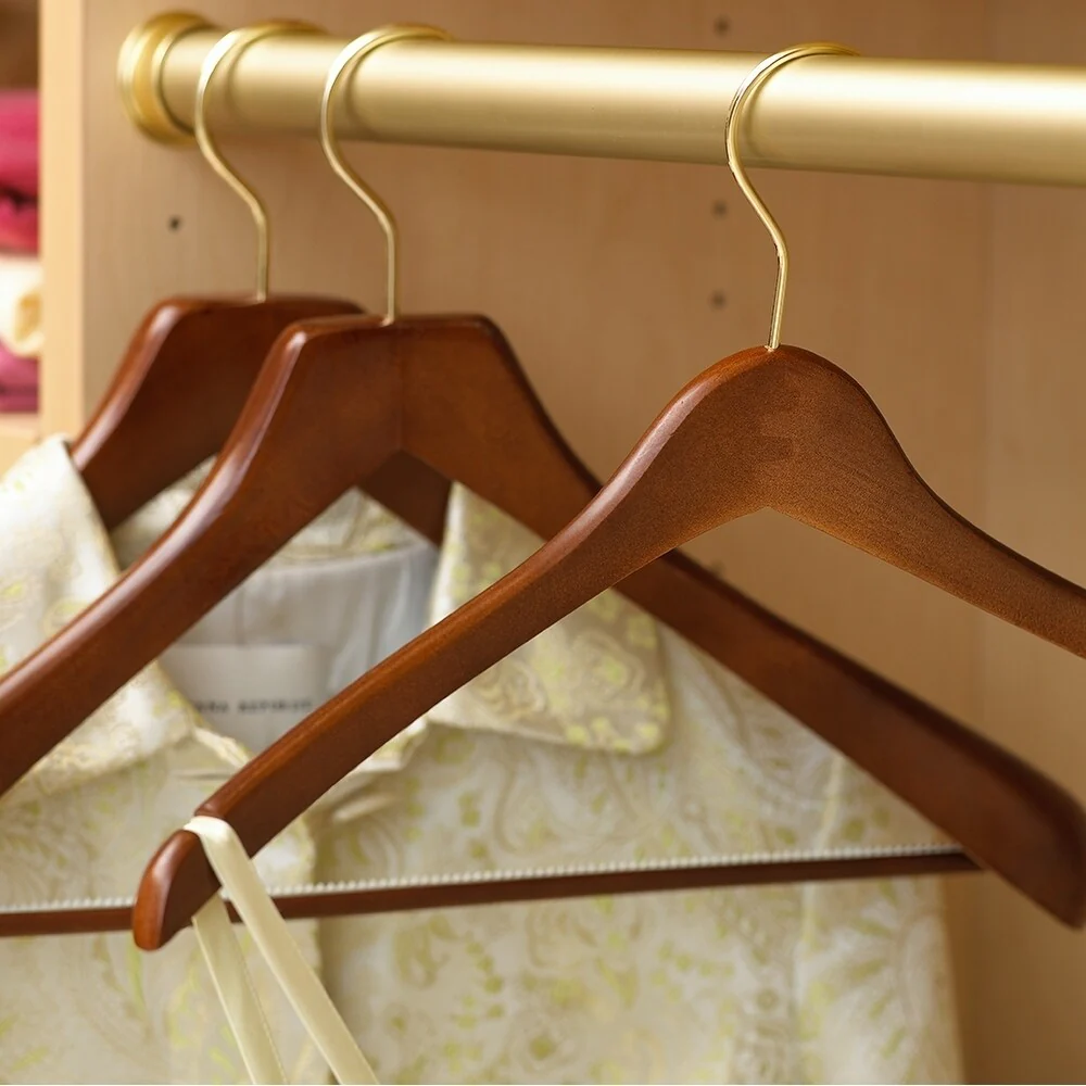 Curved Wooden Top Hanger with Walnut Finish, 1/2 Inch Thick Hangers with Brass Swivel Hook & Notches For Hanging Straps