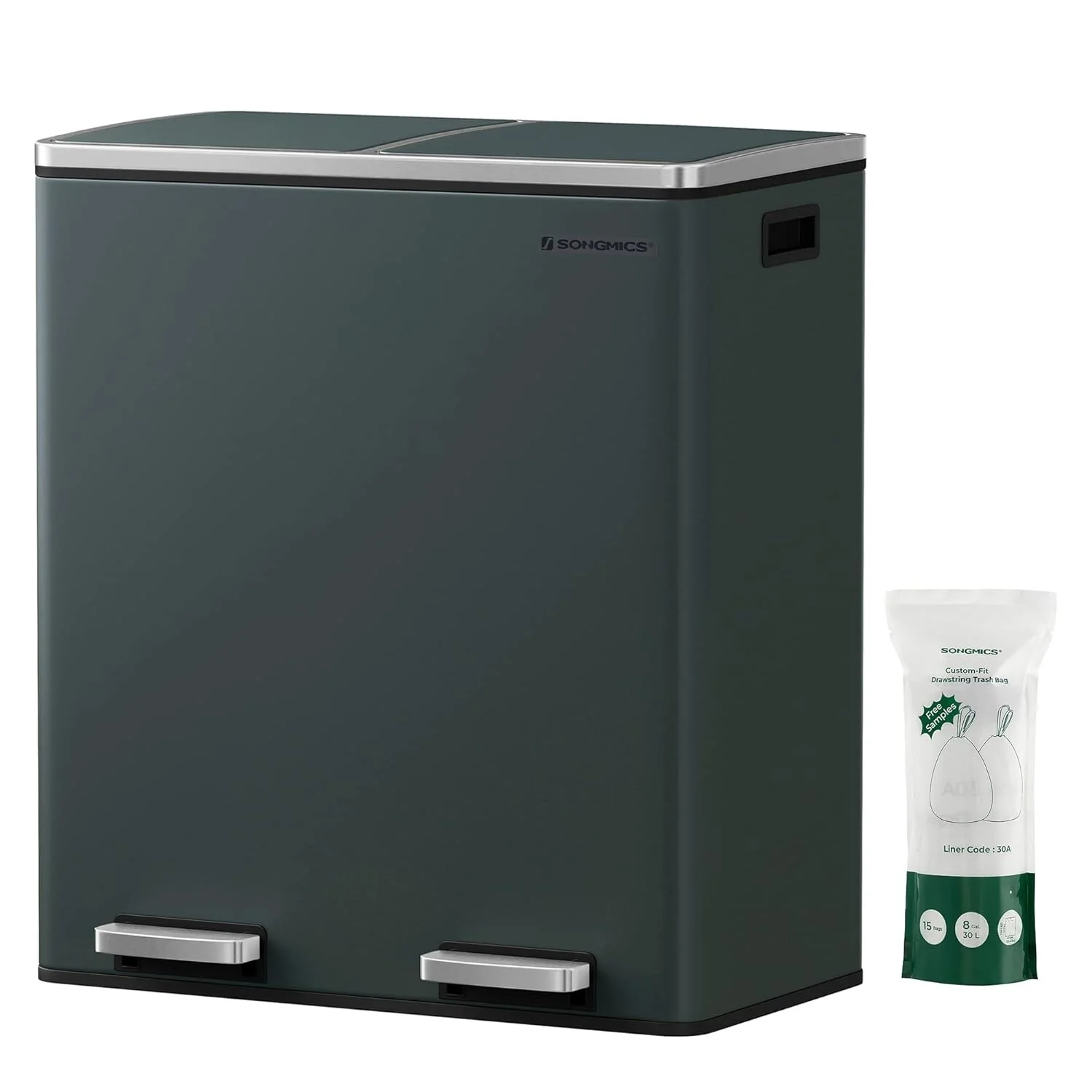 SONGMICS Dual Trash Can, 2x 8 Gallon Stainless Steel Garbage Can, Gray