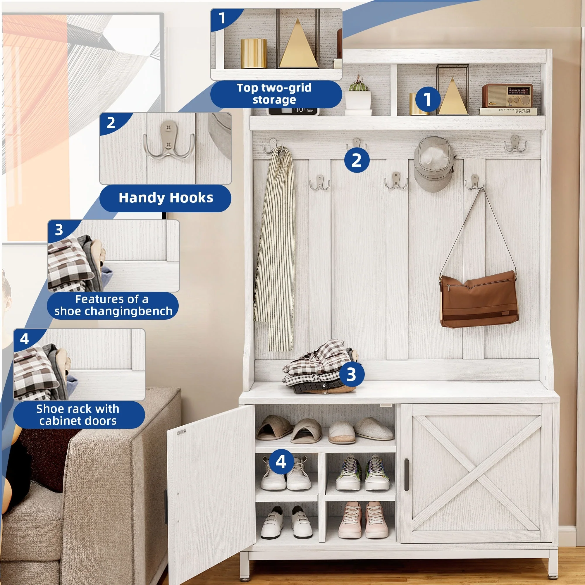 Moasis Farmhouse Hall Tree with Bench and Shoe Storage with 10 Hooks for Entryway