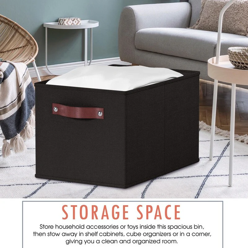 3 Pack Collapsible Shelf Basket Rectangle Storage Bins with Faux Leather Handles