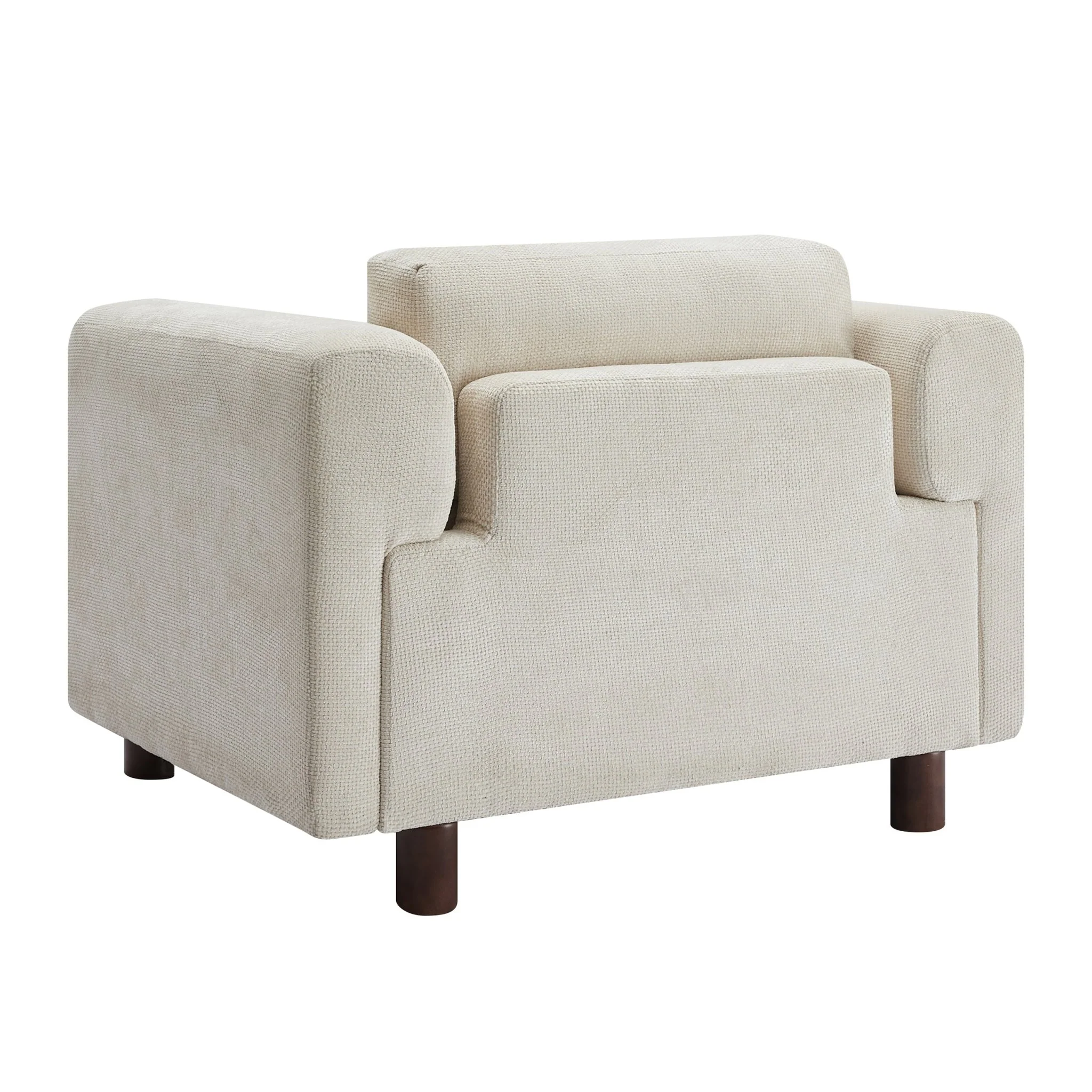 Elixired Upholstered Arm Chair with Tucked Armrests and Round Rubberwood Legs