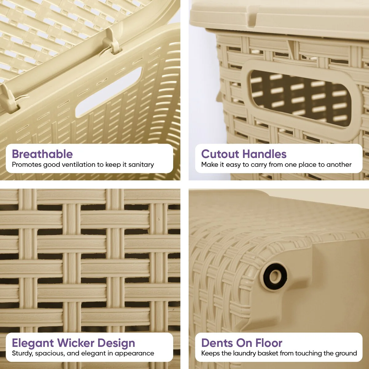 Superio Plastic Wicker Laundry Hamper with Lid Large Capacity - Capacity: 60l
