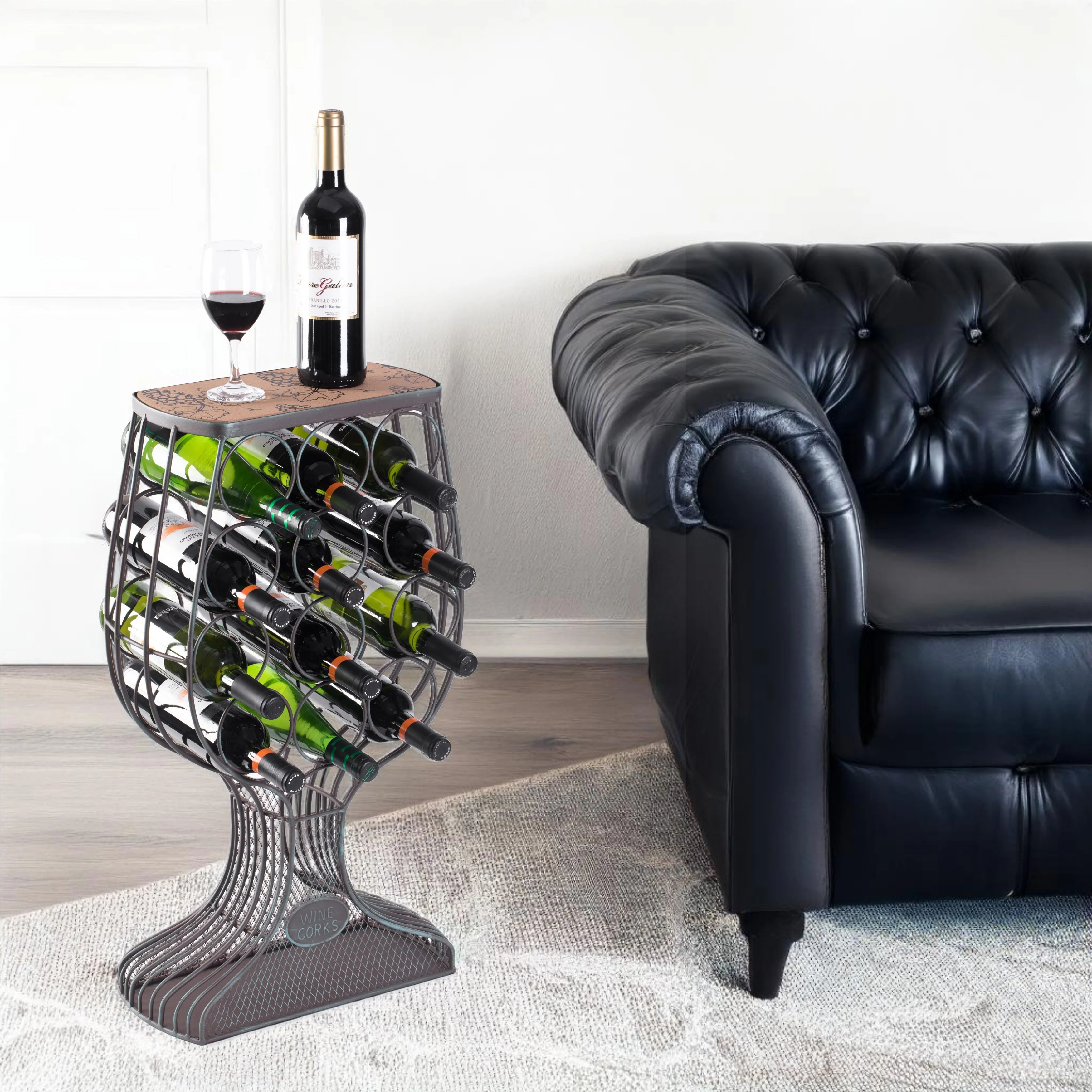 Freestanding Floor Wine Rack with Wooden and Metal Goblet Design - Holds 12 Bottles
