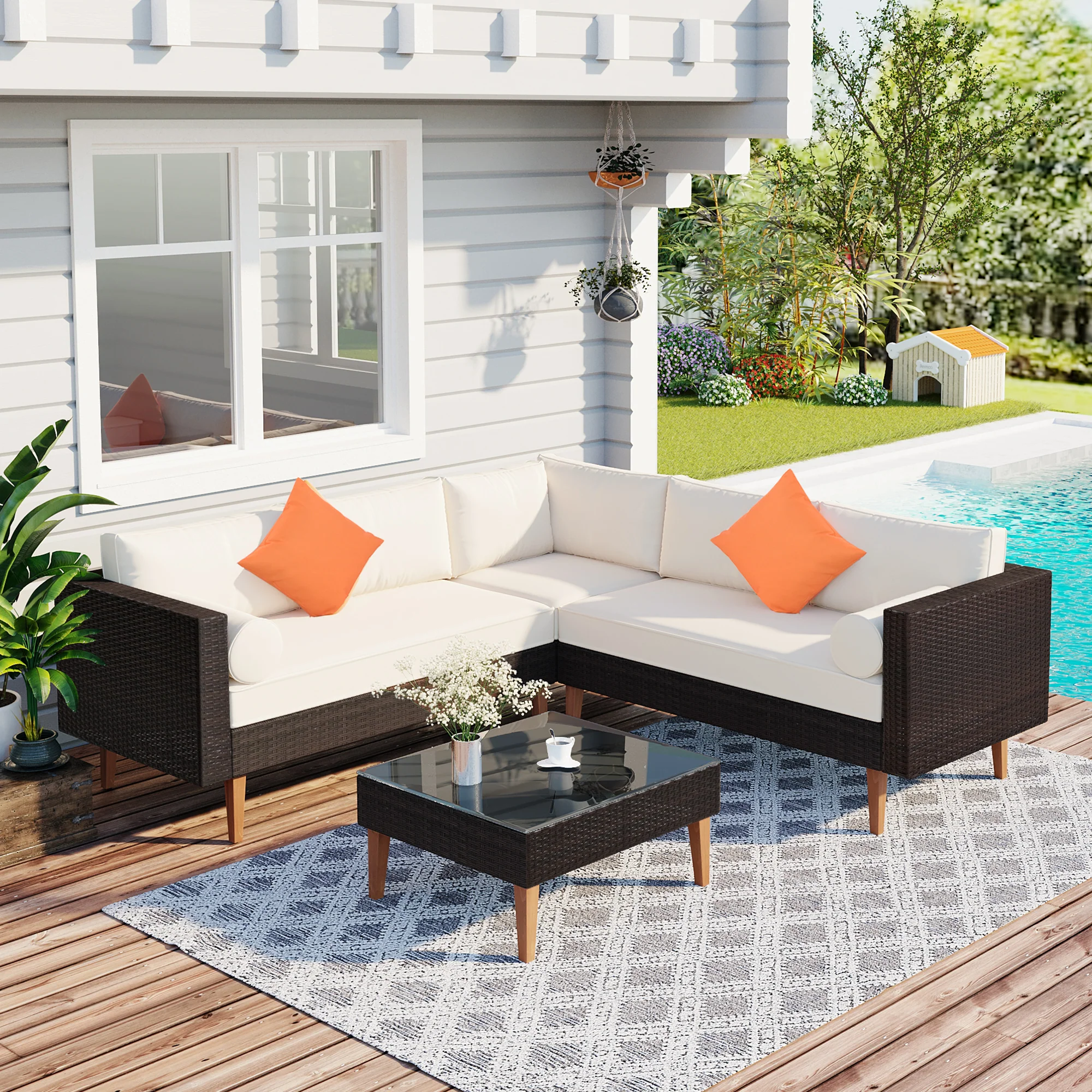 4-Piece Outdoor L-Shaped Sectional Set with Decorative Pillows and Removable Cushions