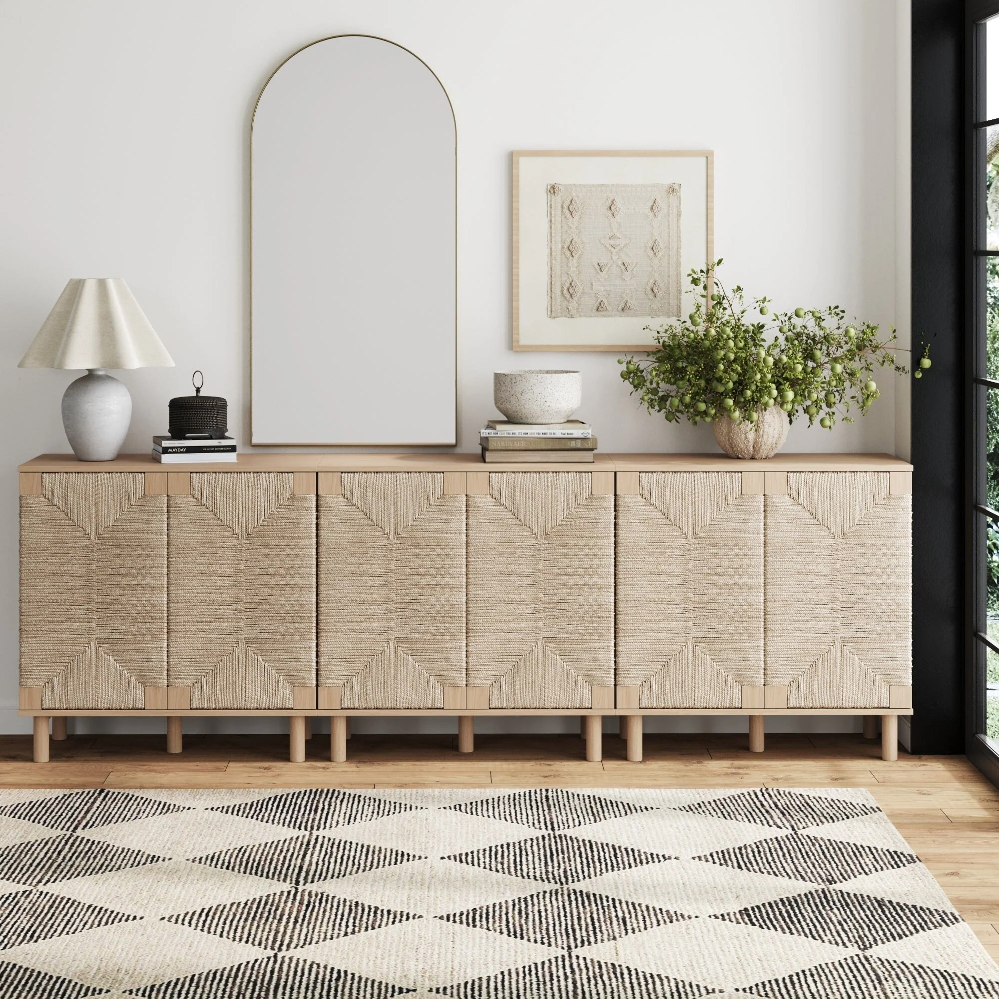 Nathan James Beacon Wood Accent Cabinet with Seagrass Doors and Adjustable Shelf