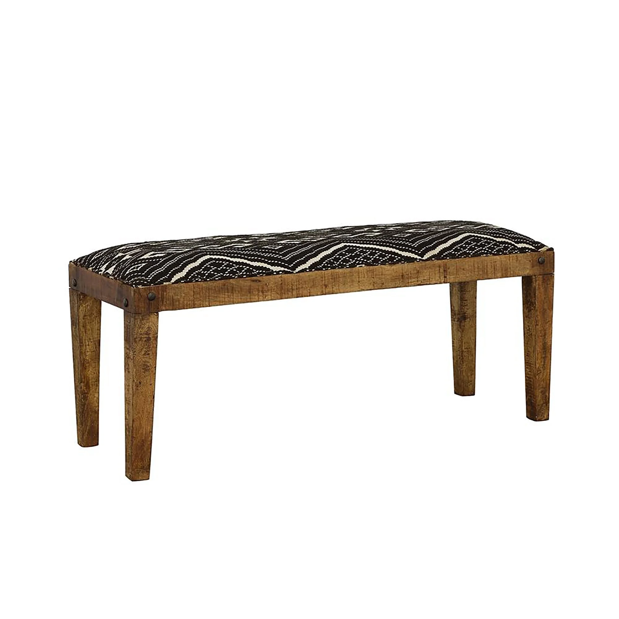 Upholstered Bench with Tapered Legs and Geometric Pattern Seat