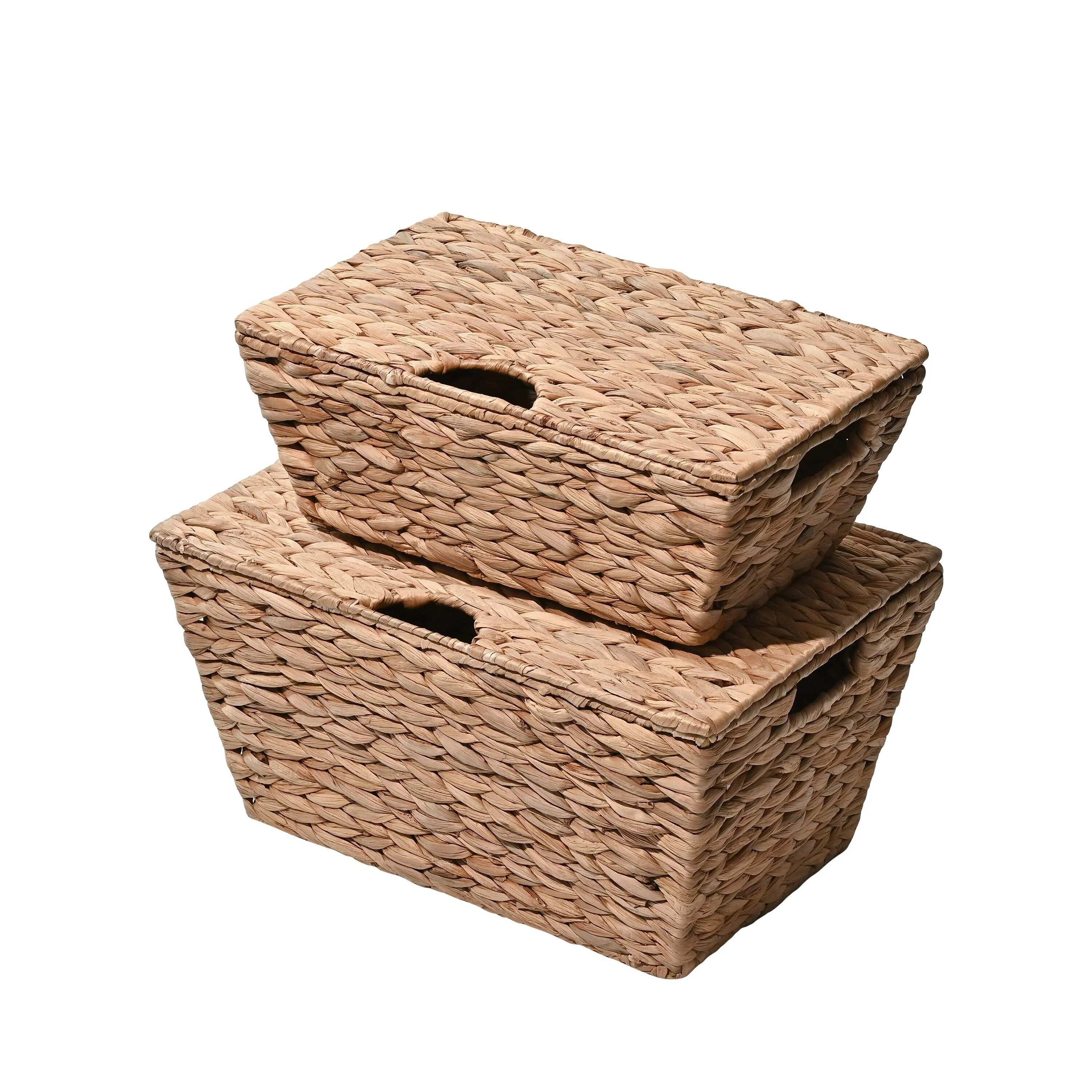 Hyacinth Rectangular Storage Baskets with Lids & Handles (Set of 2)