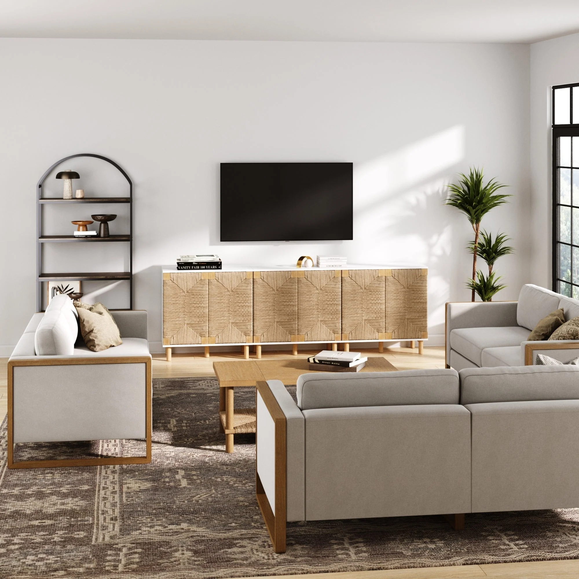 Nathan James Beacon Wood Accent Cabinet with Seagrass Doors and Adjustable Shelf