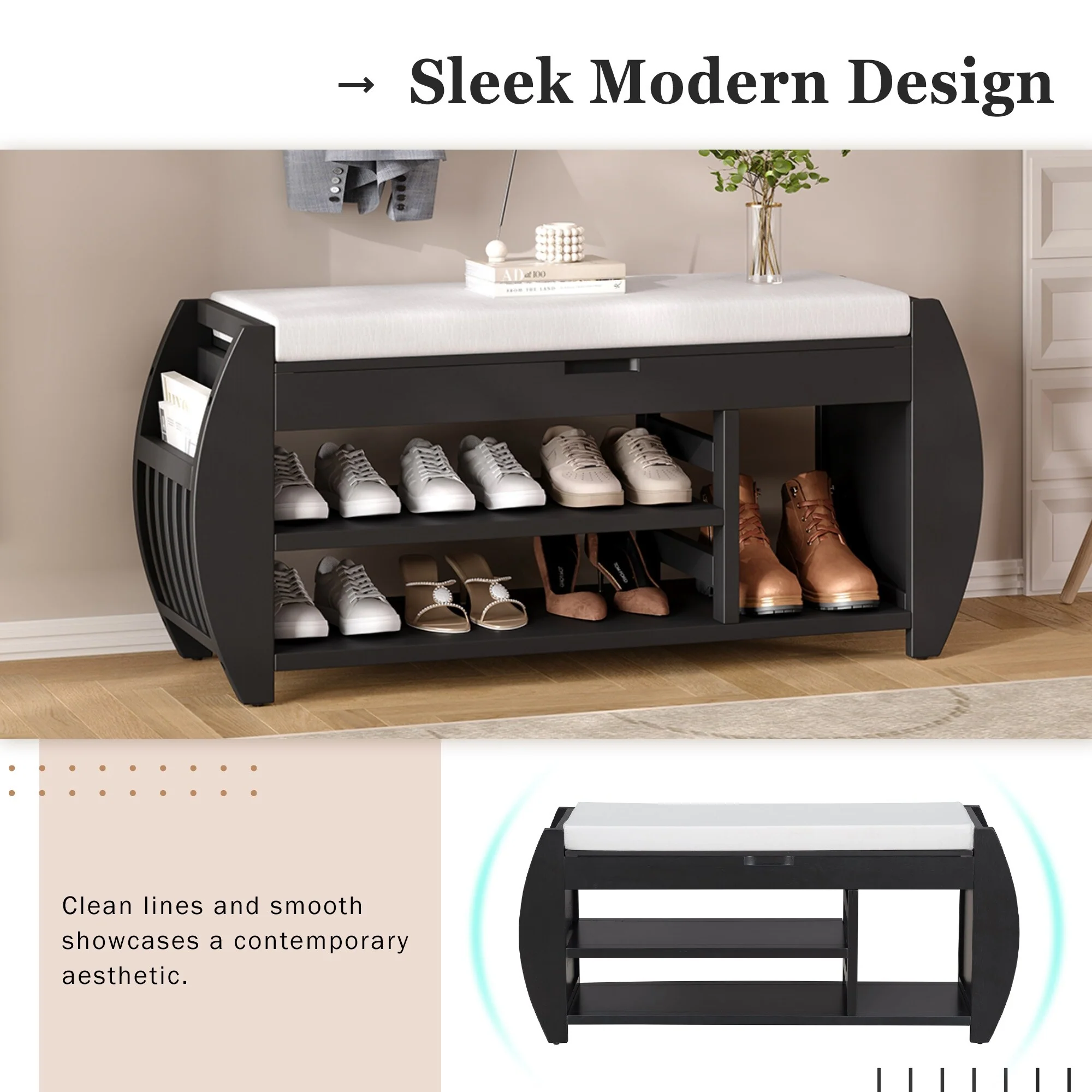 Shoe Storage Bench with Cushion and Curved Side