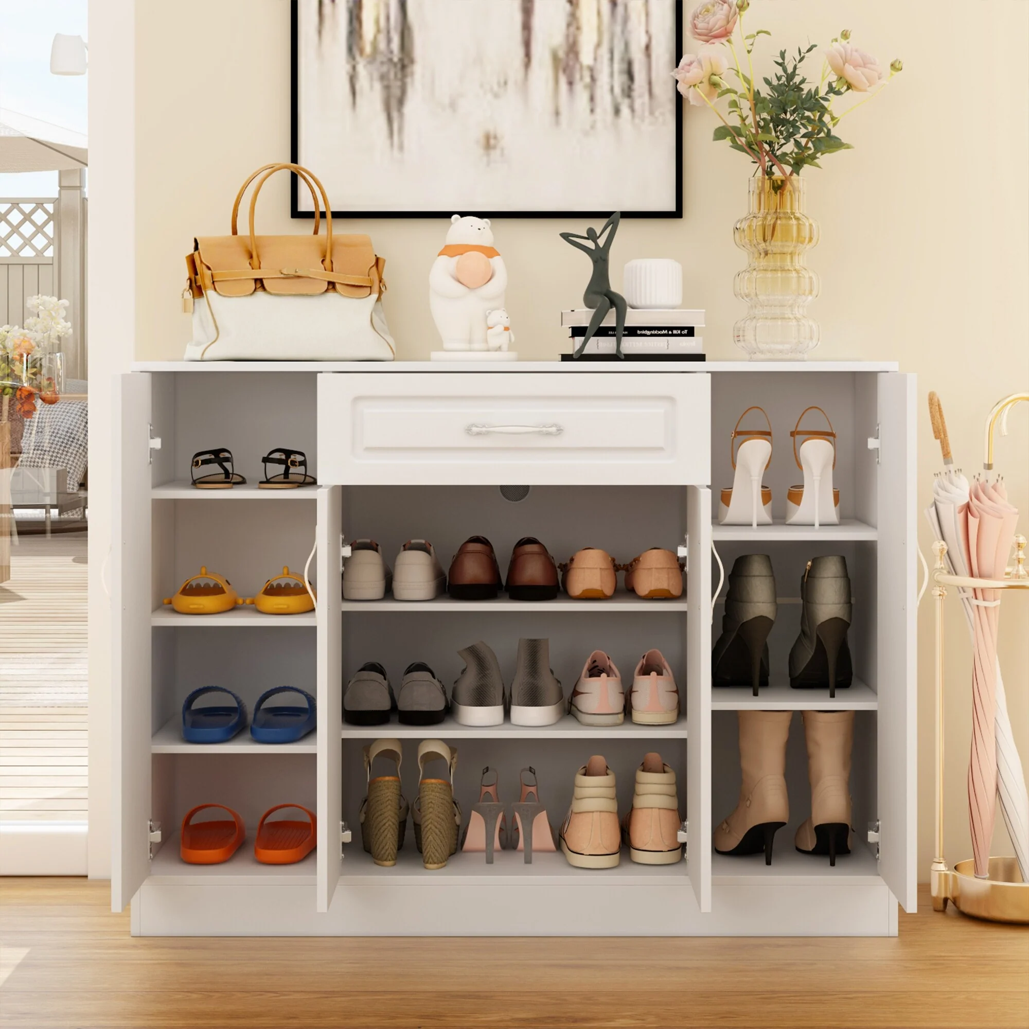 Multi-Functional White Shoe Cabinet with Adjustable Shelves Entryway
