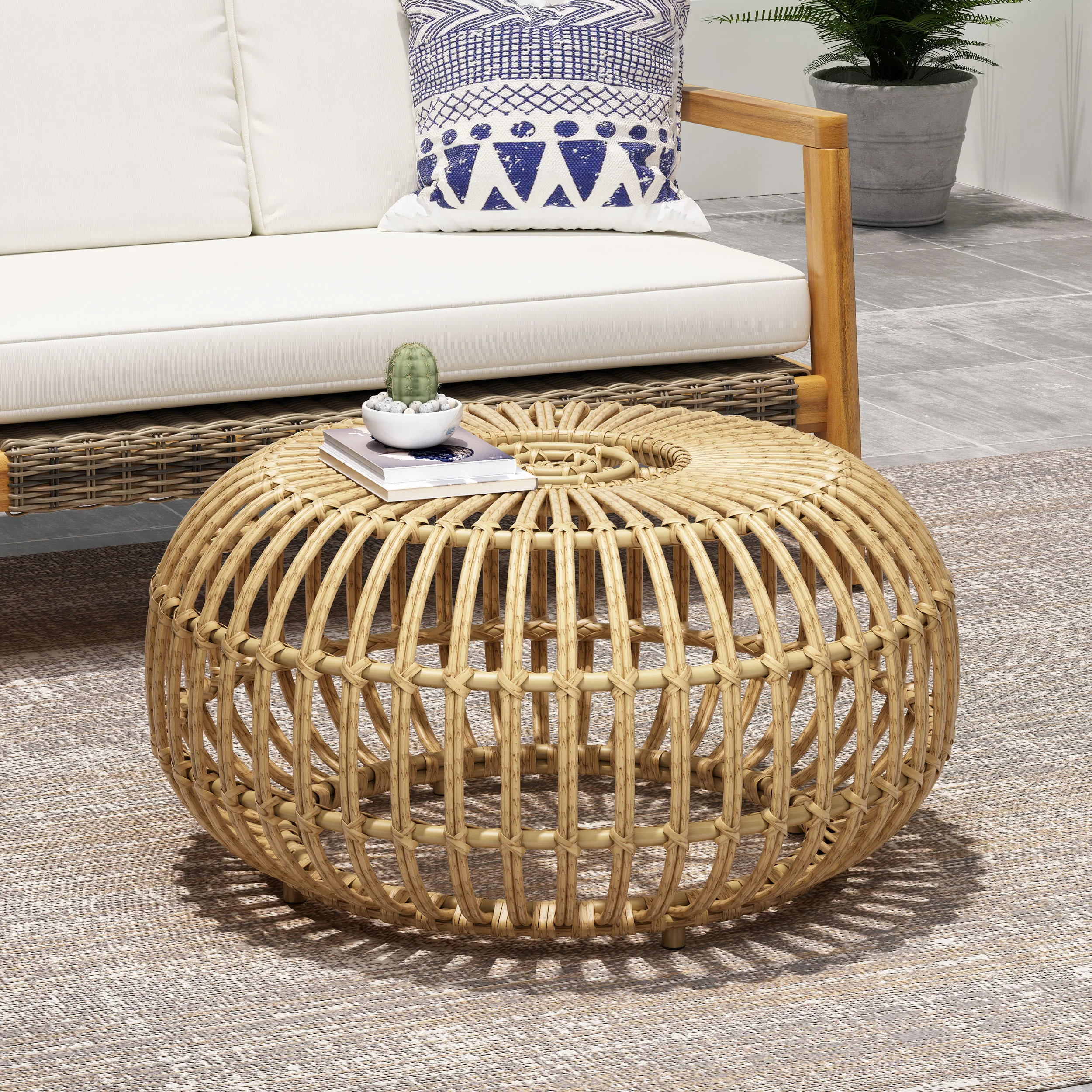 Reverent Outdoor Coffee Table with Rattan Frame and Handcrafted Design
