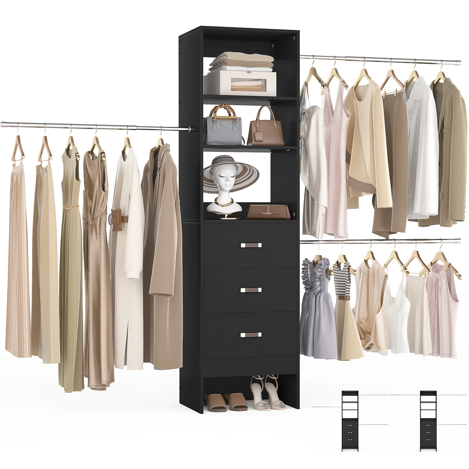 20.2'' - 96'' W Closet Organizer with Drawers, Closet System with Hanging Rods and Adjustable Shelves