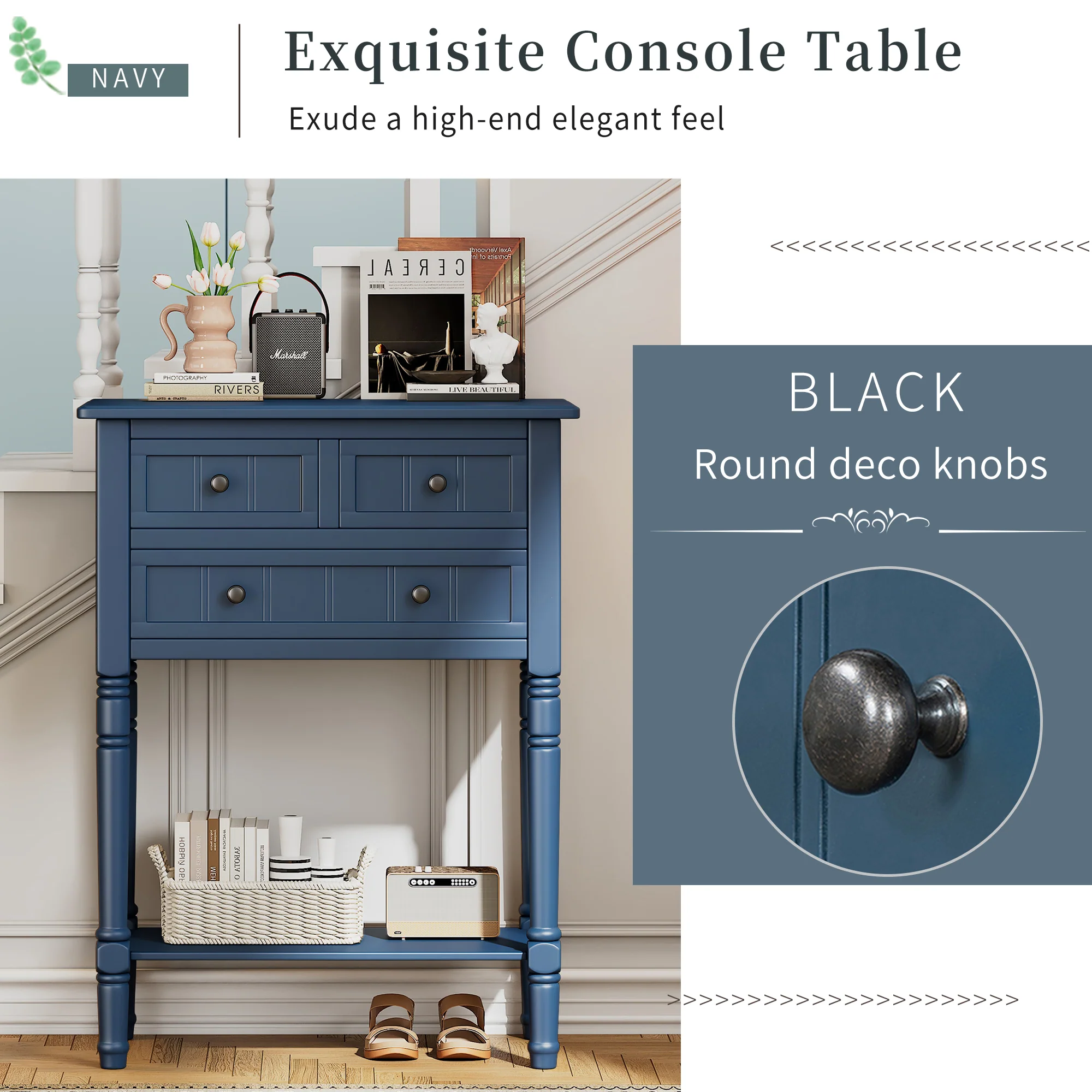 Conquest Narrow Console Table with 3 Drawers and Bottom Shelf