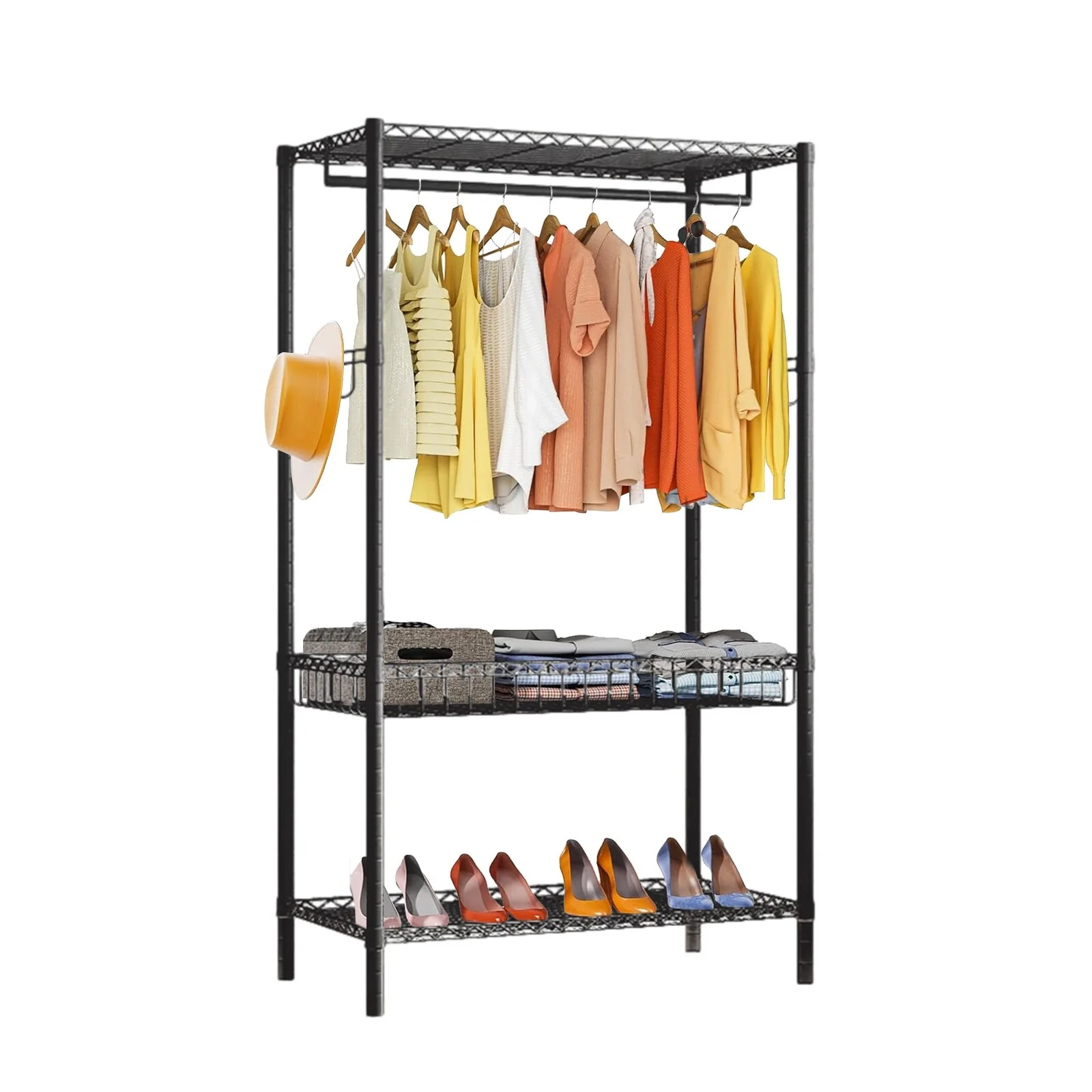 Heavy Duty Clothes Rack, 3 Tiers Wire Garment Rack for Hanging Clothes, Clothing Racks With 2 Shelves And 1 Hang Rod