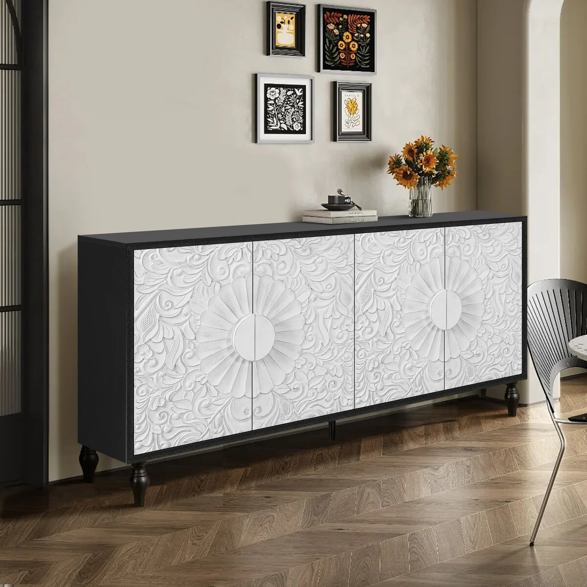 Carved Symmetrical Design Door And Wood Coloured Frame For Tv Stand Table