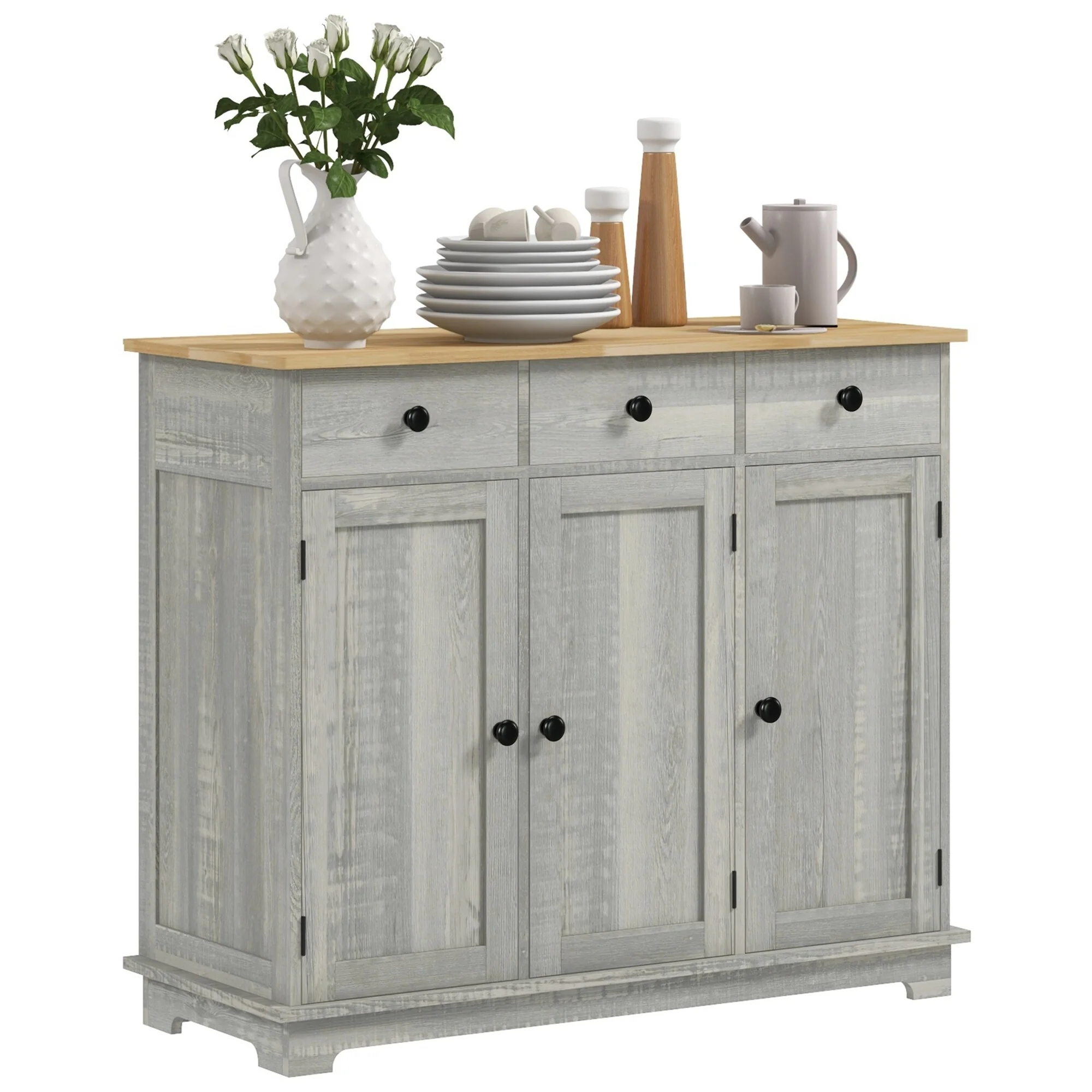 HOMCOM Sideboard with Solid Wood Countertop, Modern Kitchen Storage Cabinet, Coffee Bar Cabinet with 3 Drawers